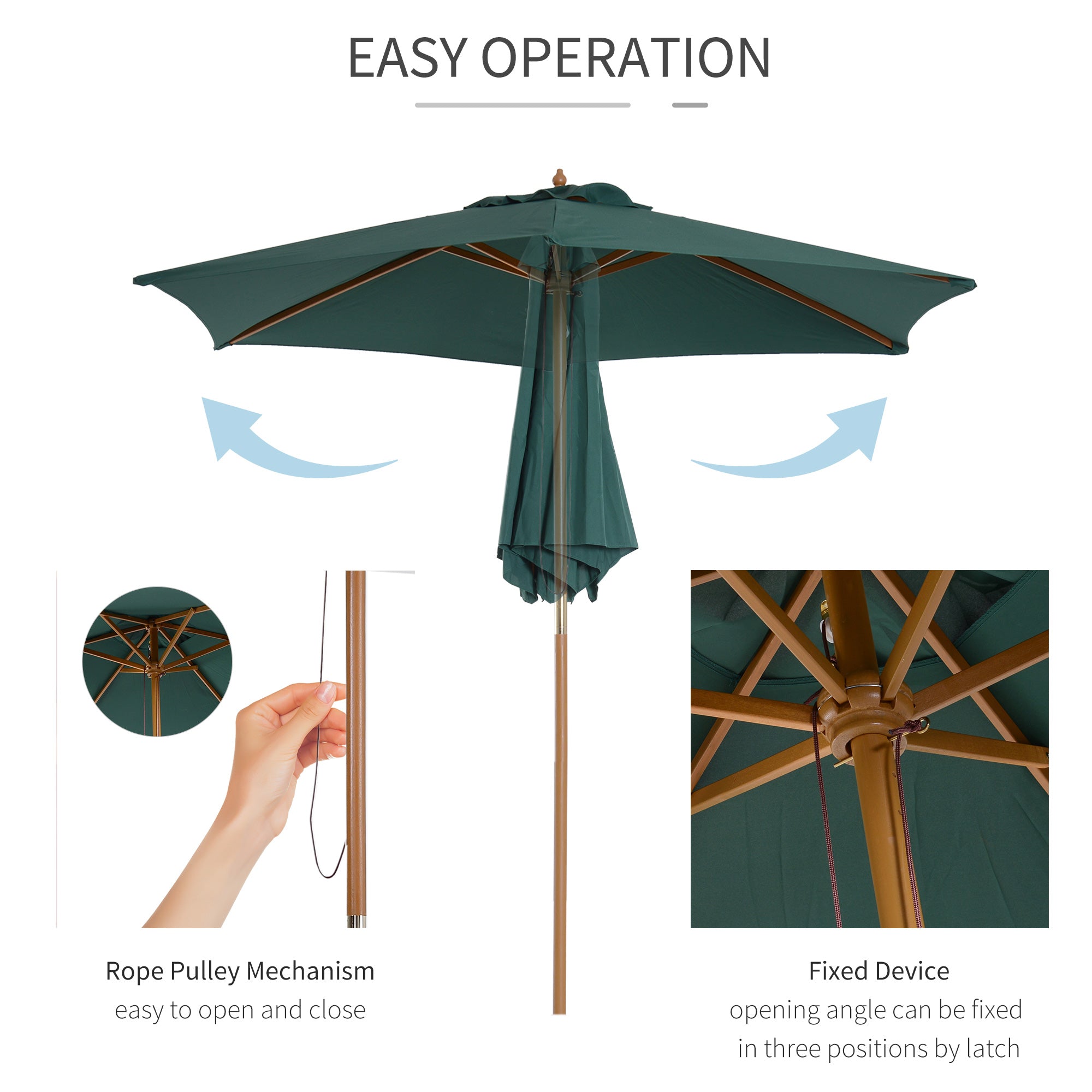 8FT Wood Market Umbrella Patio Umbrella Round Garden Parasol Canopy with Bamboo Ribs and Top Vent, Dark Green