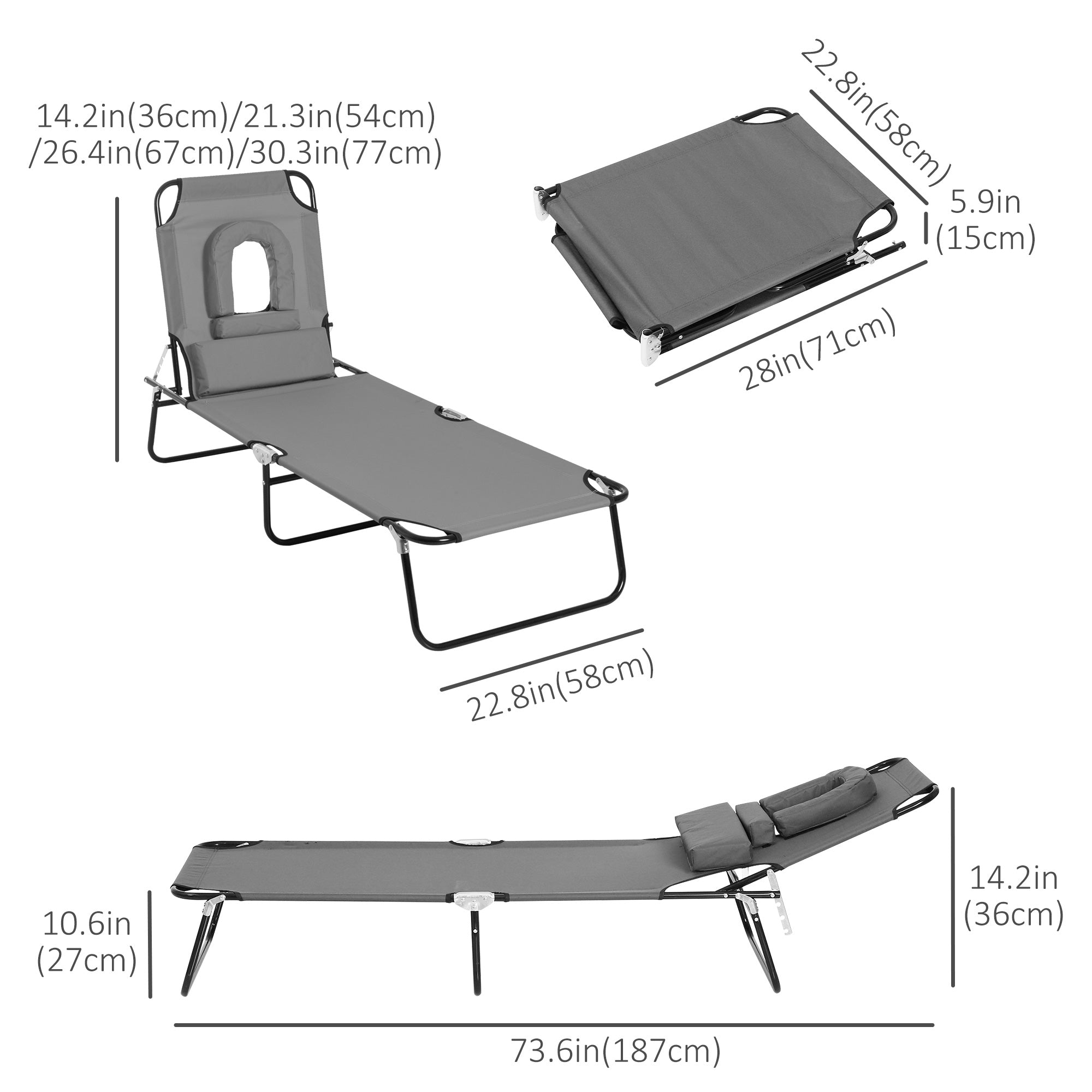 Adjustable Outdoor Lounge Chair, Garden Folding Chaise Lounge with Face Hole Reclining Tanning Chair Seat, Folding Camping Beach Lounging Bed w/ Support Pillow, Grey