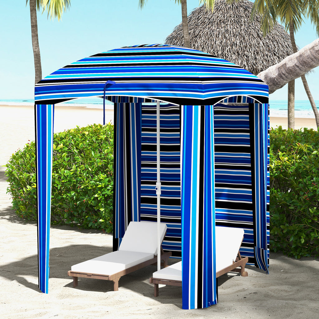 70.1" L x 70.1" W Cabana Umbrella with Walls, Vents, Ruffles, Carry Bag, Beach Umbrella, Blue Stripe