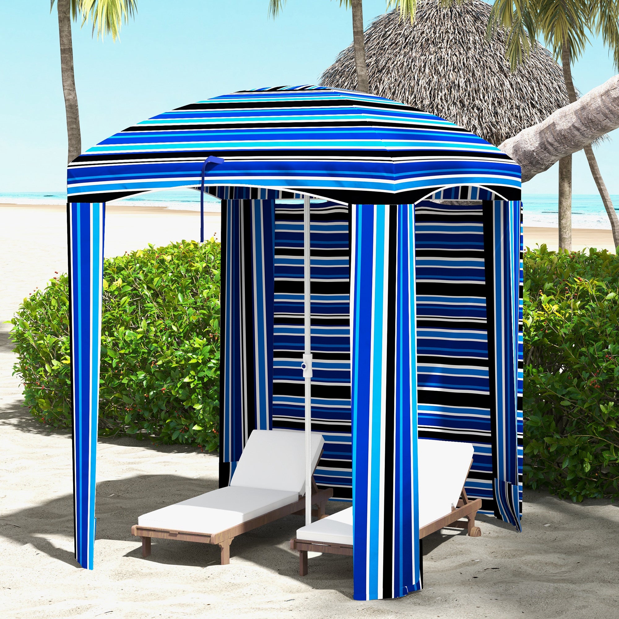 70.1" L x 70.1" W Cabana Umbrella with Walls, Vents, Ruffles, Carry Bag, Beach Umbrella, Blue Stripe