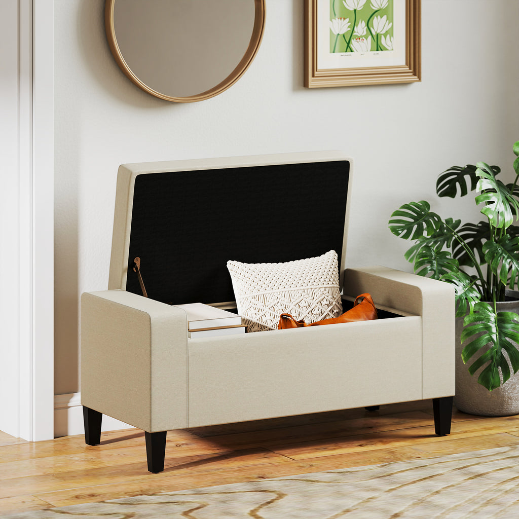 36" Storage Ottoman Bench, Linen-Look Fabric End of Bed Bench with Solid Wood Frame and Legs, Tufted Storage Chest, Footrest for Living Room, Bedroom, Entryway, Beige