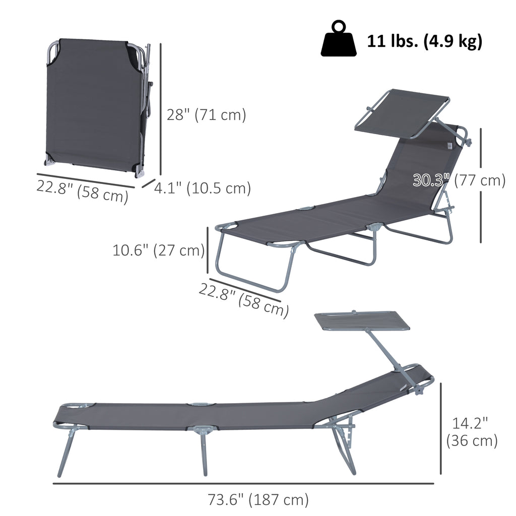 Outdoor Lounge Chair, Adjustable Folding Chaise Lounge,  Tanning Chair with Sun Shade for Beach, Camping, Hiking, Backyard, Grey