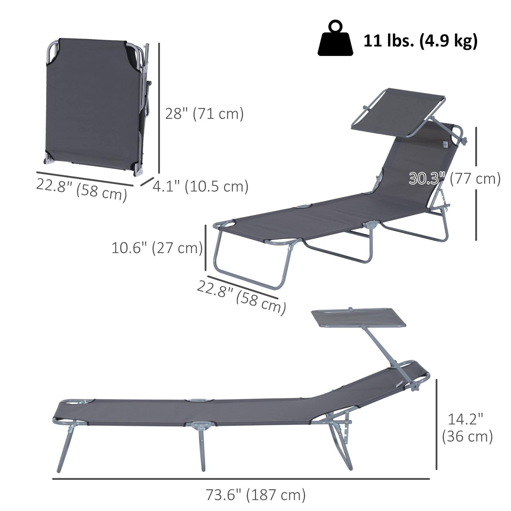 Outdoor Lounge Chair, Adjustable Folding Chaise Lounge,  Tanning Chair with Sun Shade for Beach, Camping, Hiking, Backyard, Grey