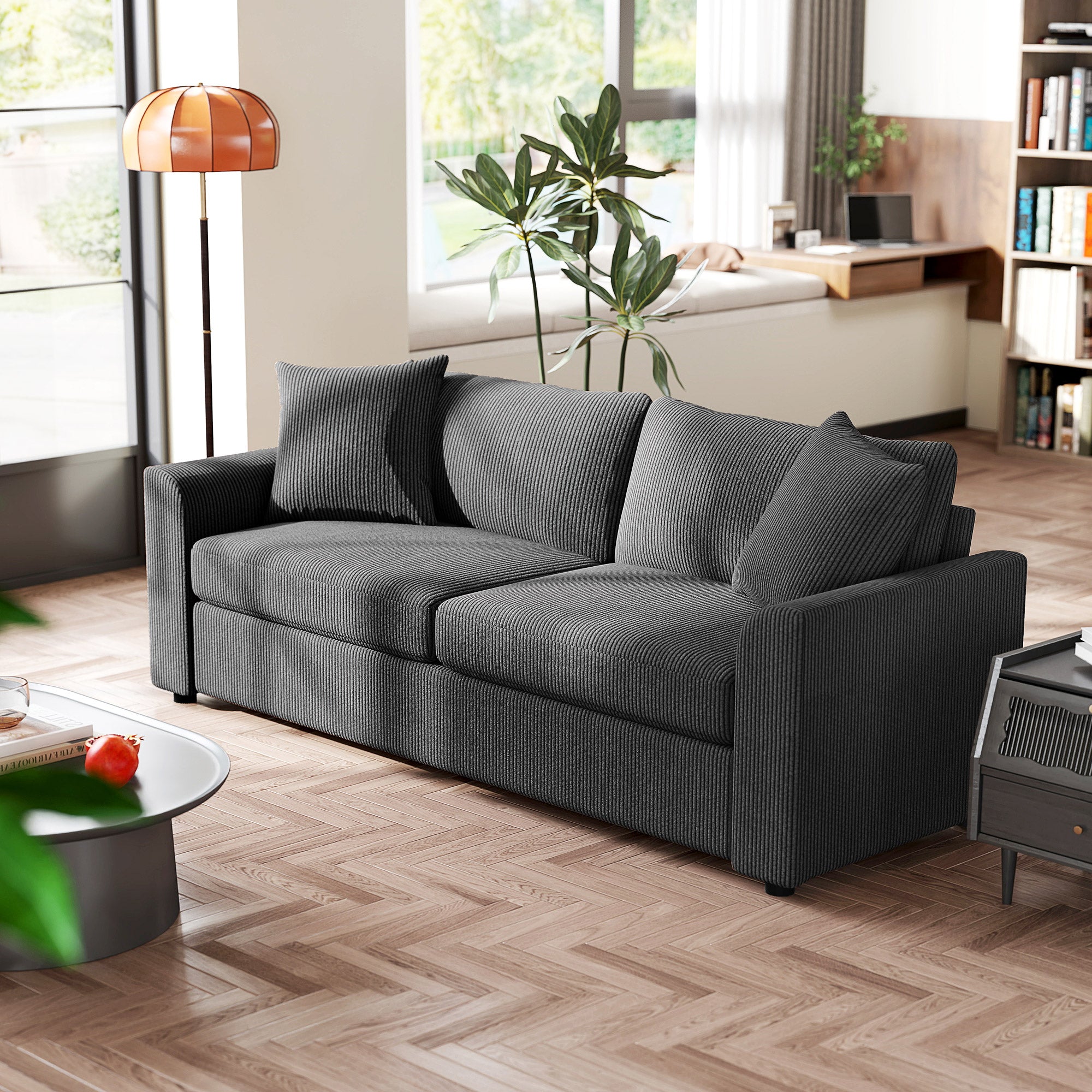 3 Seater Sofa, 83.5" Modern Upholstered Couch with Pocket Spring and 2 Scatter Cushions for Living Room, Dark Grey