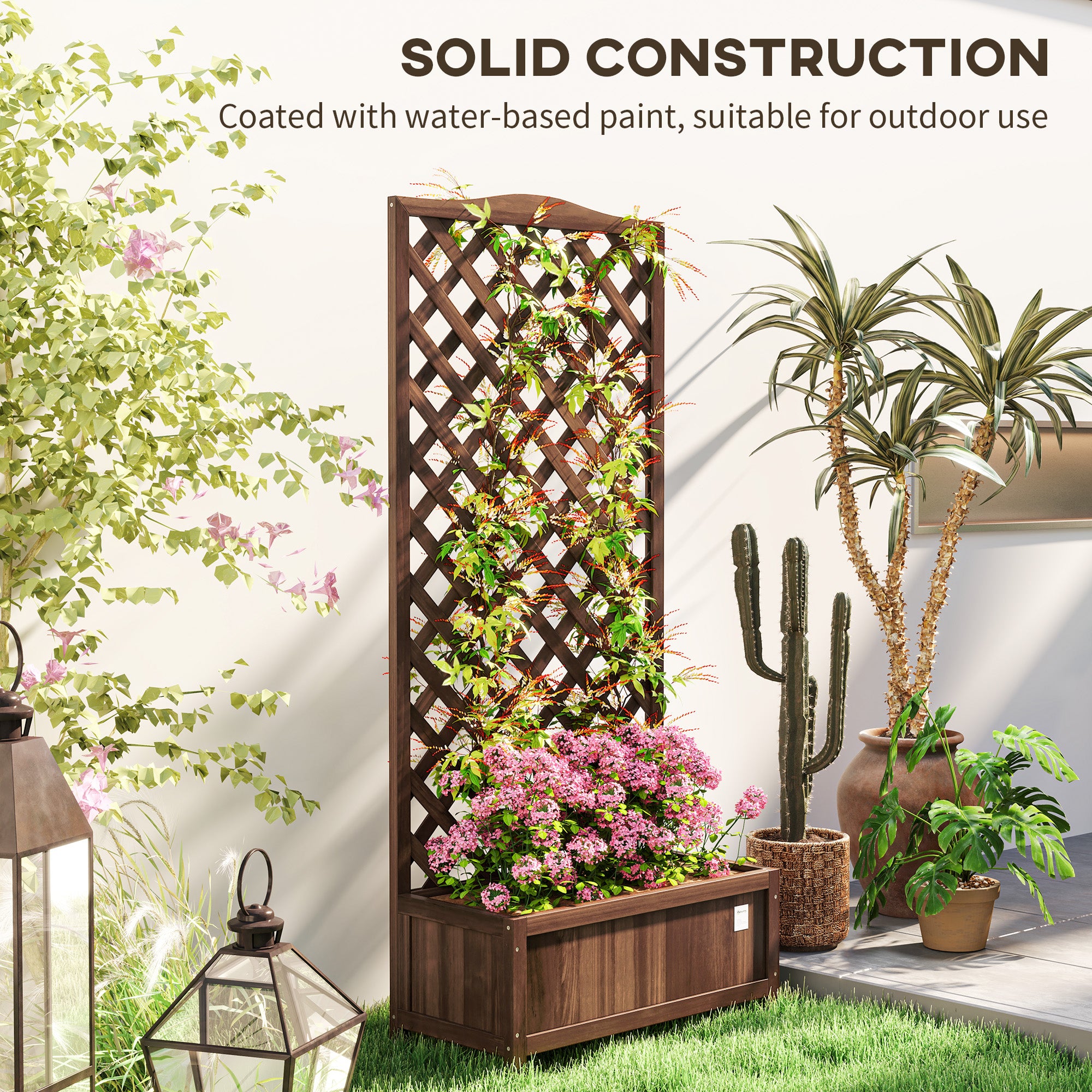 Wood Planter with Trellis, Raised Garden Bed to Grow Vegetables for Backyard, 30" x 14" x 67", Dark Brown