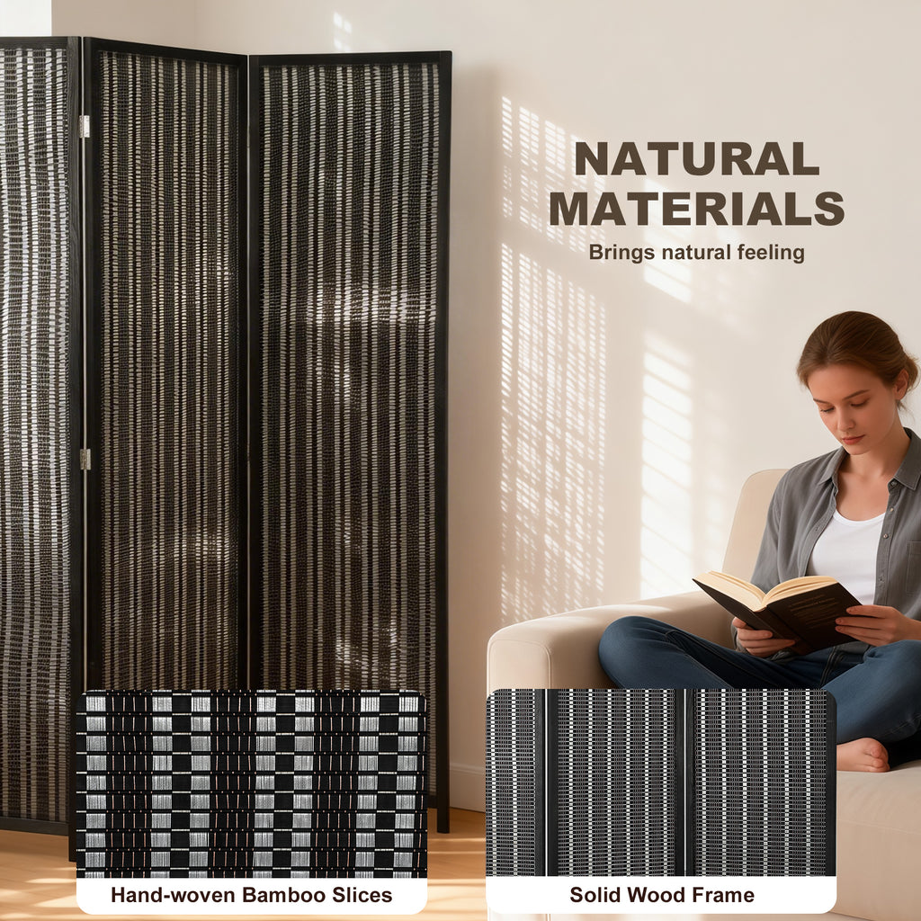 Folding Privacy Screen, 3 Panel Room Divider, Freestanding Partition with Handwoven Bamboo and Pine Wood Frame, Black