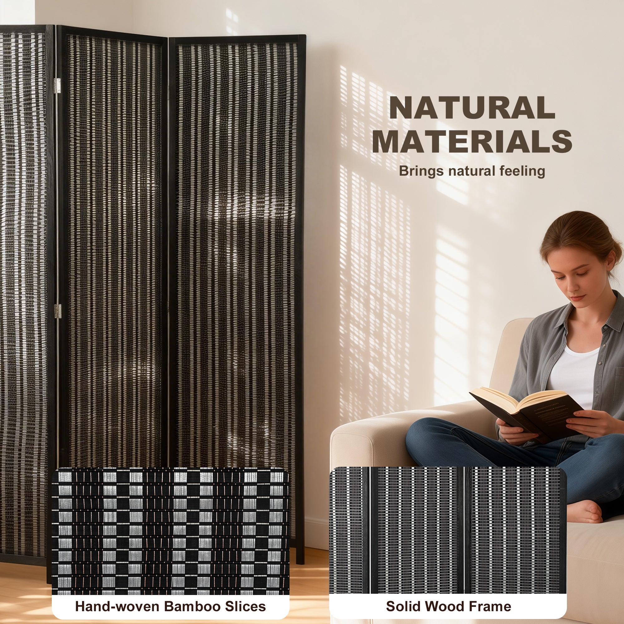 Folding Privacy Screen, 3 Panel Room Divider, Freestanding Partition with Handwoven Bamboo and Pine Wood Frame, Black