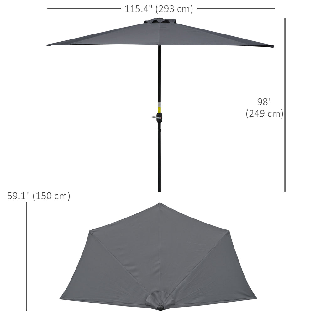9.8ft Half Umbrella Semi Round Patio Parasol with Crank Handle, Top Vent for Garden, Balcony- NO BASE INCLUDED, Grey