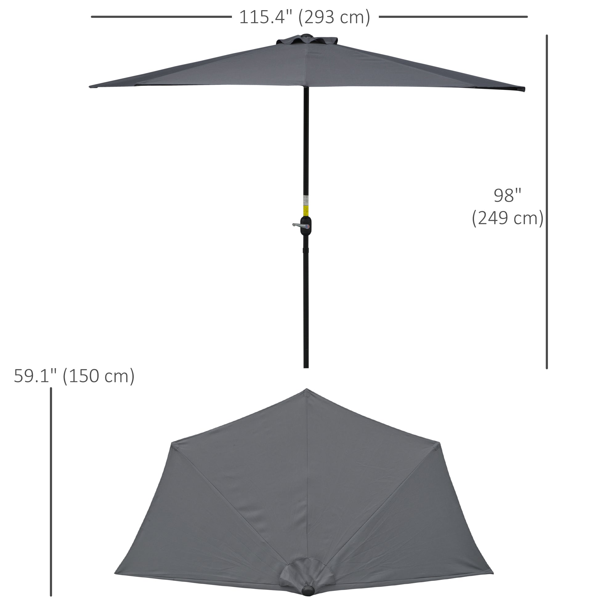 9.8ft Half Umbrella Semi Round Patio Parasol with Crank Handle, Top Vent for Garden, Balcony- NO BASE INCLUDED, Grey