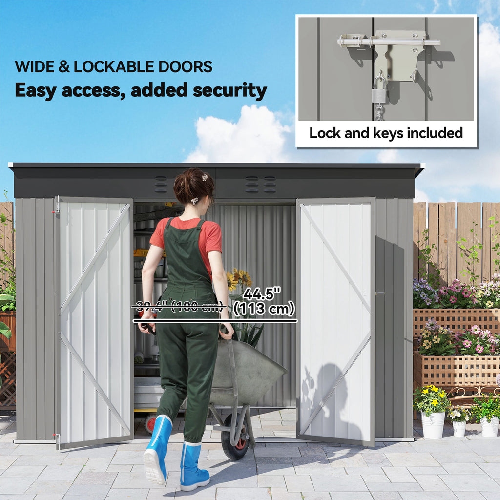 9' x 4' Galvanized Steel Garden Storage Shed with Lockable Doors, Gloves and 2 Air Vents for Backyard, Patio, Lawn