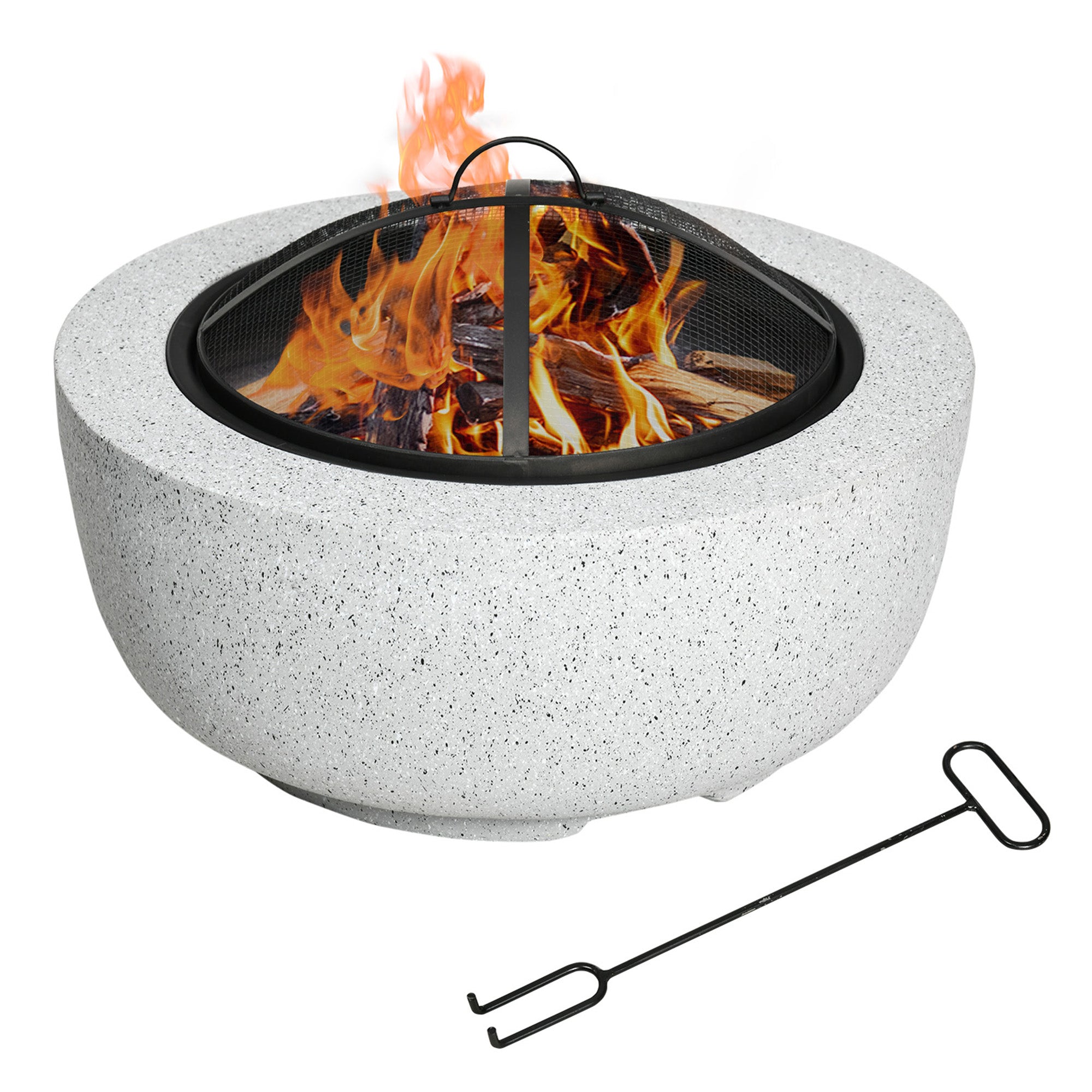 24" Outdoor Fire Pit with Stone Effect, Wood-burning Firepit Fireplace with Spark Screen and Poker for Backyard Camping Bonfire, Gray