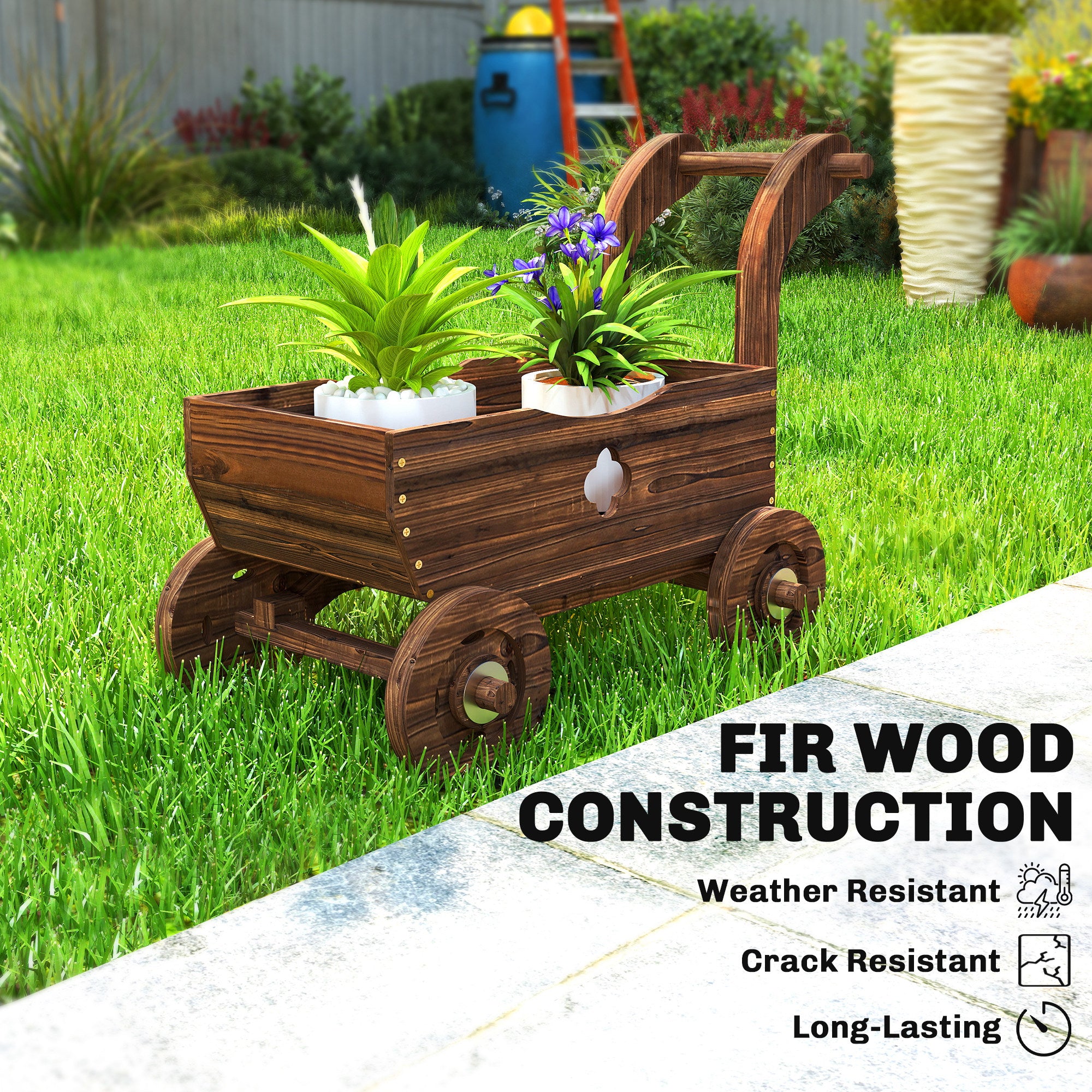 Wagon Flower Planter Cart with Wheels, Garden Wagon with Handle for Outdoor Patio Yard, Carbonized