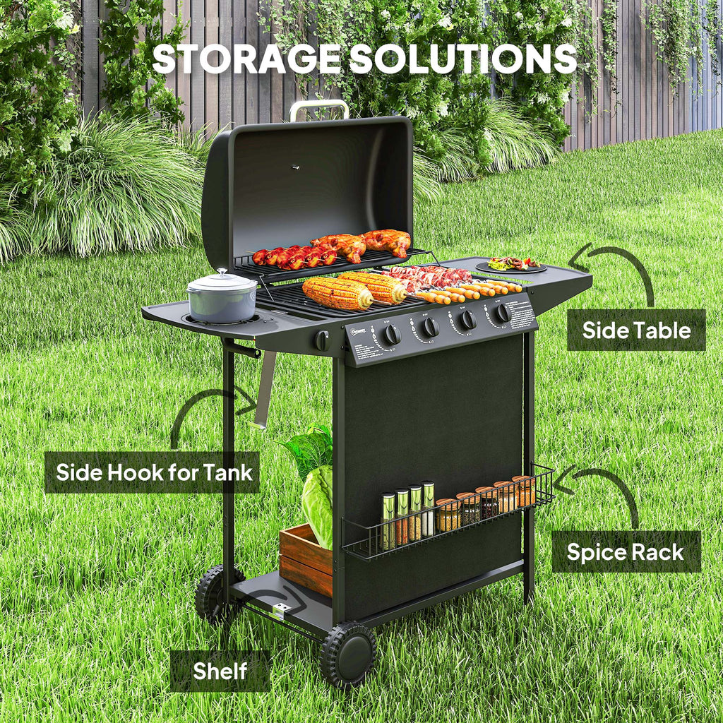 4+1 Burner Propane Gas BBQ Grill, Portable Gas Barbecue Grill with Side Burner, Thermometer, Lid, Side Table, Shelf, Spice Rack, Wheels, Grease Cup for Garden, Black