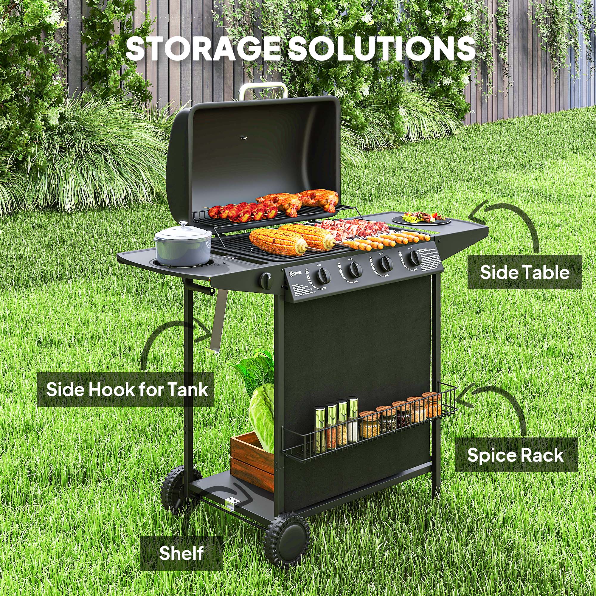 4+1 Burner Propane Gas BBQ Grill, Portable Gas Barbecue Grill with Side Burner, Thermometer, Lid, Side Table, Shelf, Spice Rack, Wheels, Grease Cup for Garden, Black