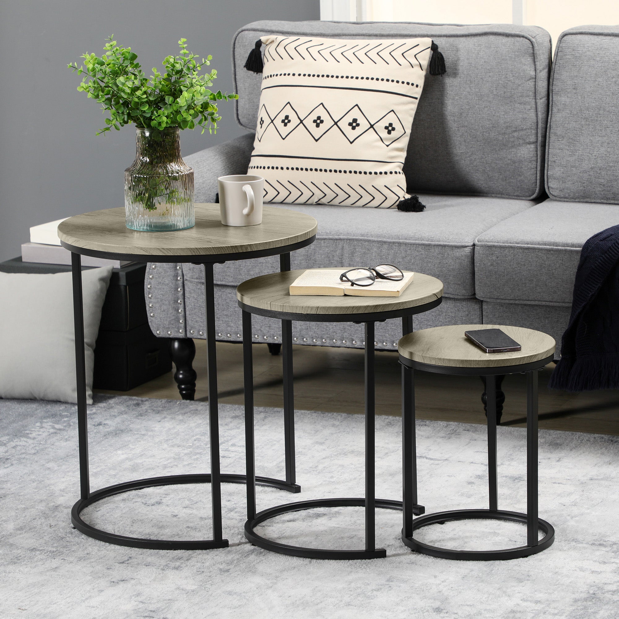 Nesting Tables Set of 3, Round Coffee Table, Stacking Side Tables with Steel Frame for Living Room