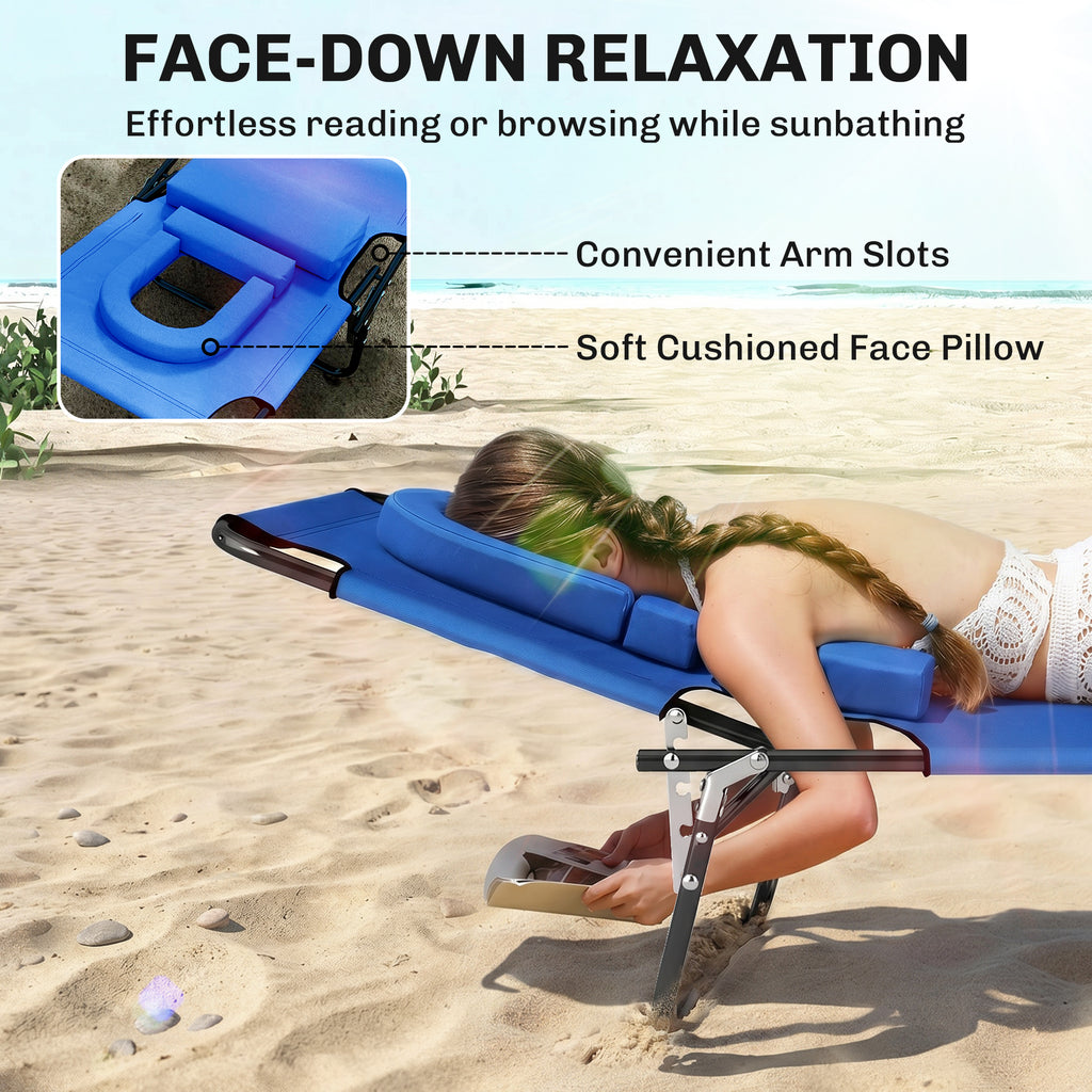Folding Chaise Lounge Chair, Reclining Beach Tanning Chair with Face Hole, Pillow, 4-Position Adjustable Lay Flat Sun Lounger, Steel Frame for Outdoor Patio Pool, Blue