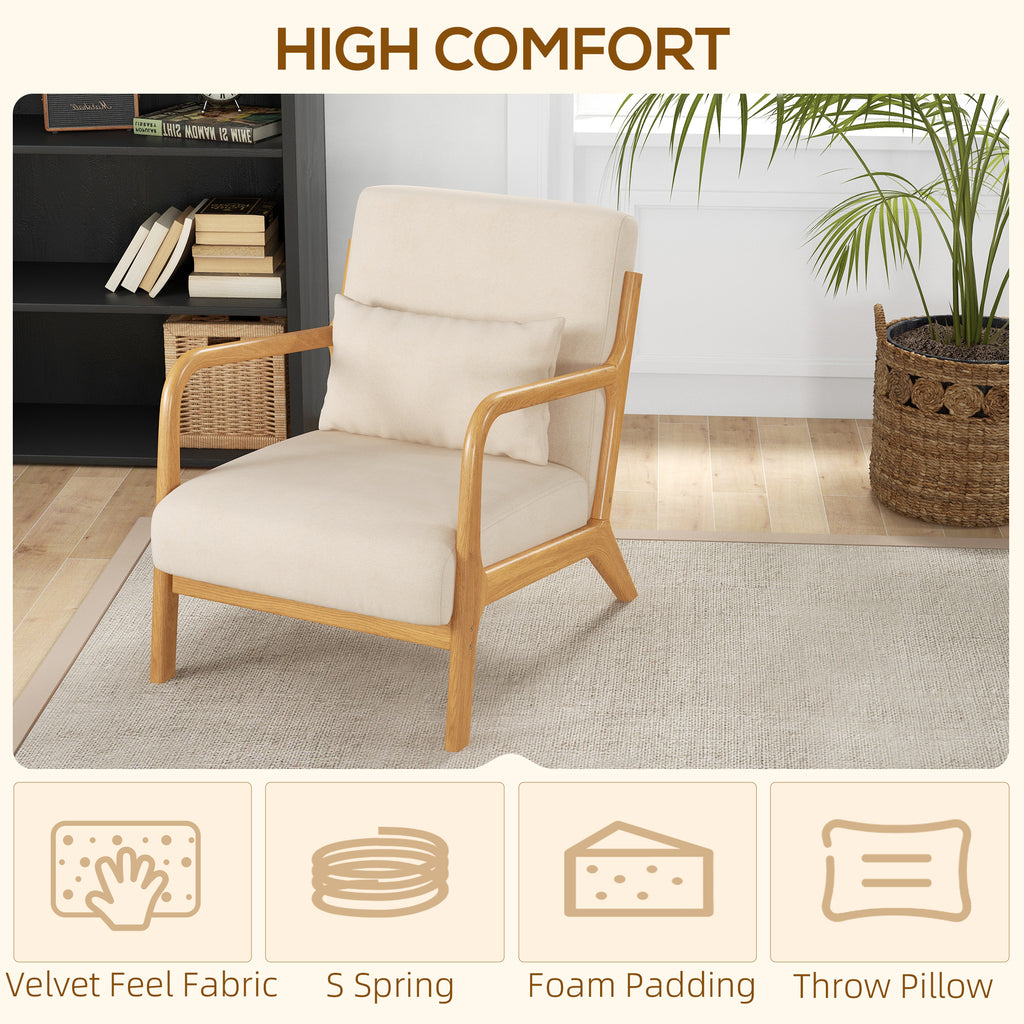 Fabric Lounge Chair, Velvet Armchair, Retro Accent Chair with Wood Legs and Thick Padding for Bedroom, Beige