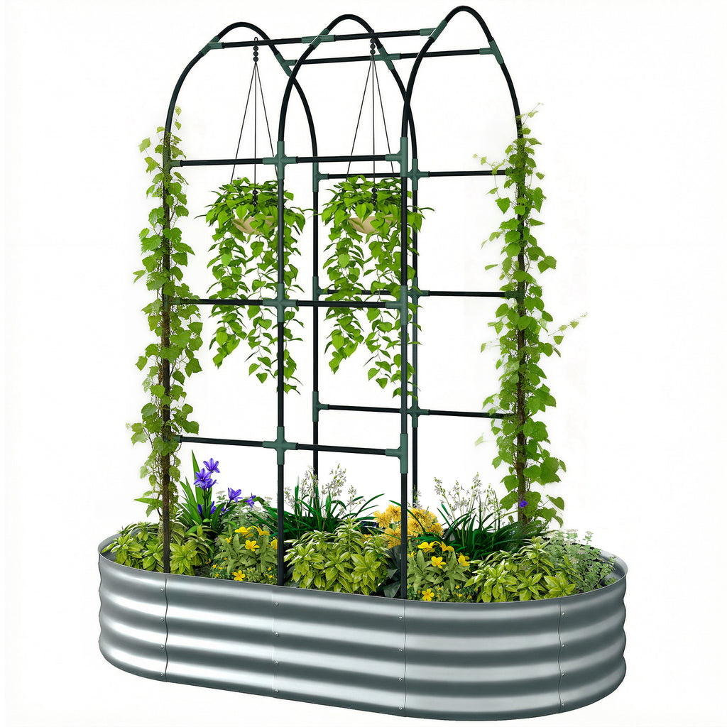 Galvanised Raised Garden Bed with Arched Trellis, 5 x 3 x 6ft Metal Outdoor Planter Box with Open Bottom, Silver