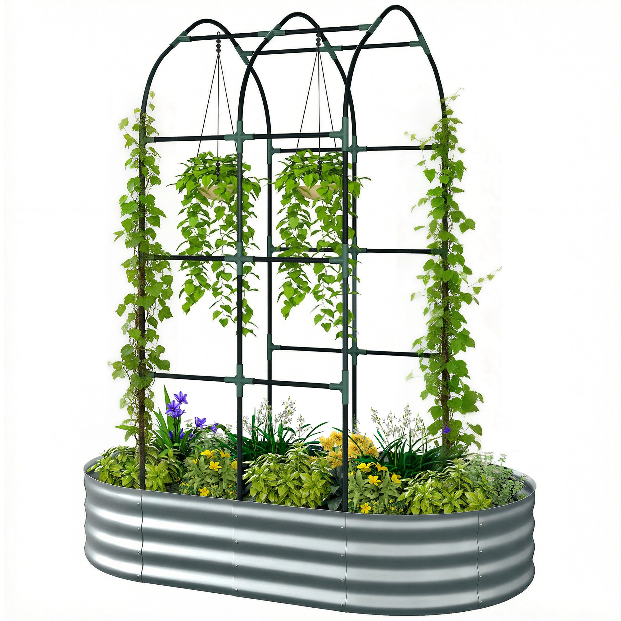 Galvanised Raised Garden Bed with Arched Trellis, 5 x 3 x 6ft Metal Outdoor Planter Box with Open Bottom, Silver