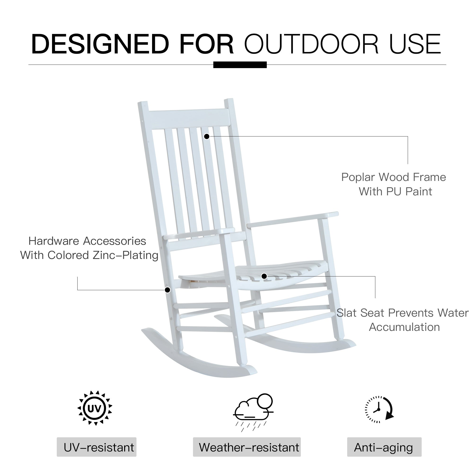 Wooden White Porch Rocking Chair Patio Rocking Single Leisure Reclining Seat Armchair