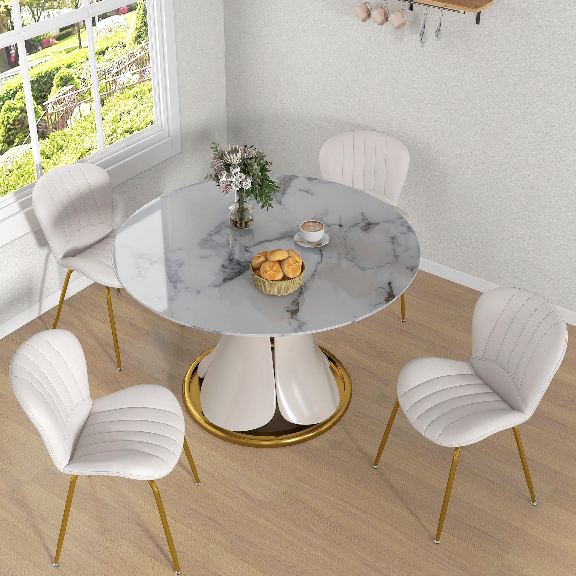 Dining Chairs Set of 4, Modern Accent Chair with Cushioned Backrest, Upholstery for Living Room, Cream White