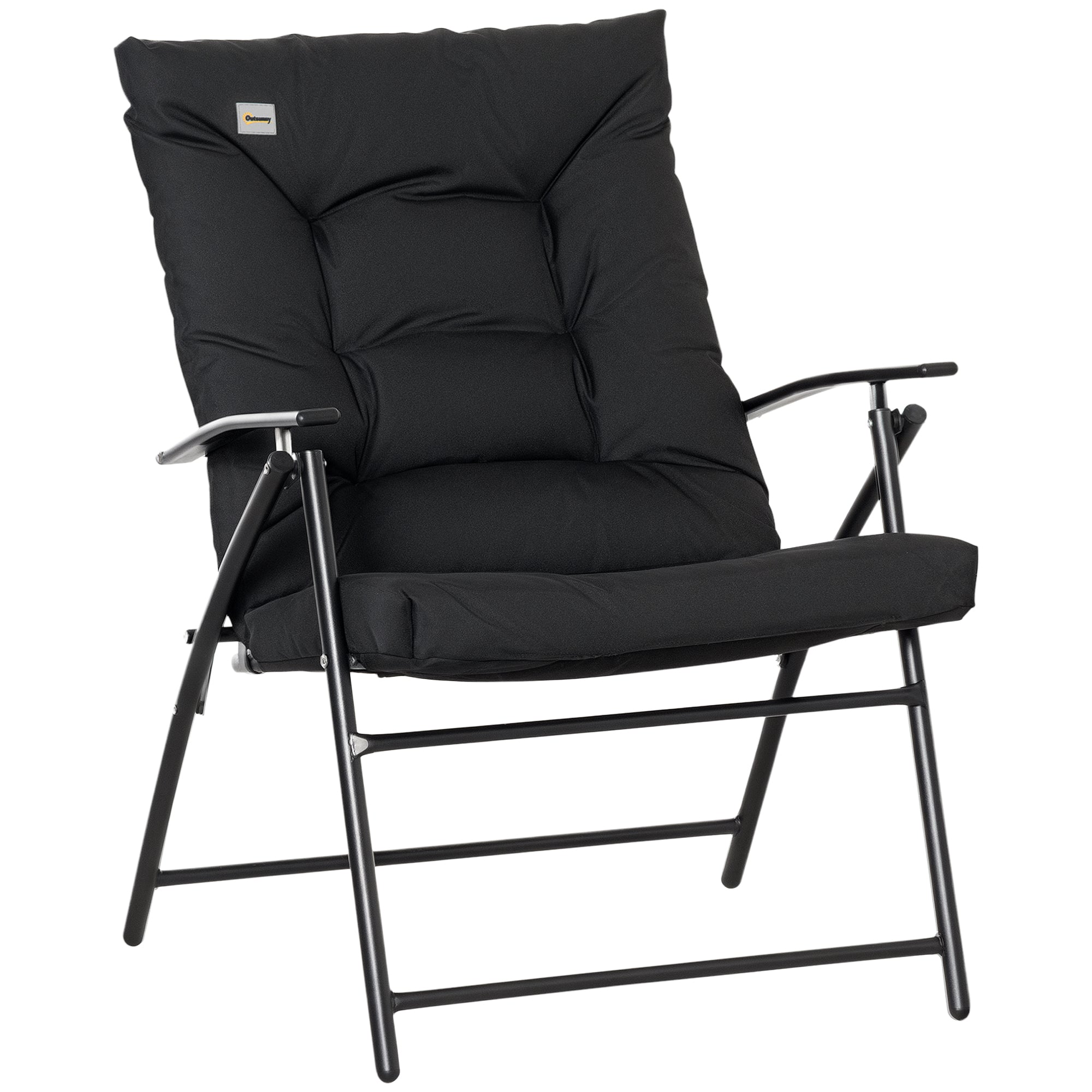 Foldable Lounge Chair, Fabric Upholstered Recliner, Outdoor Lounger with Armrest, Metal Frame for Backyard, Black