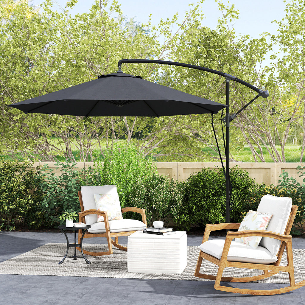 9.5' Cantilever Umbrella with Wind Protection Strap and Cover, Hanging Umbrella with Crank and Cross Base, UPF 50+, Grey