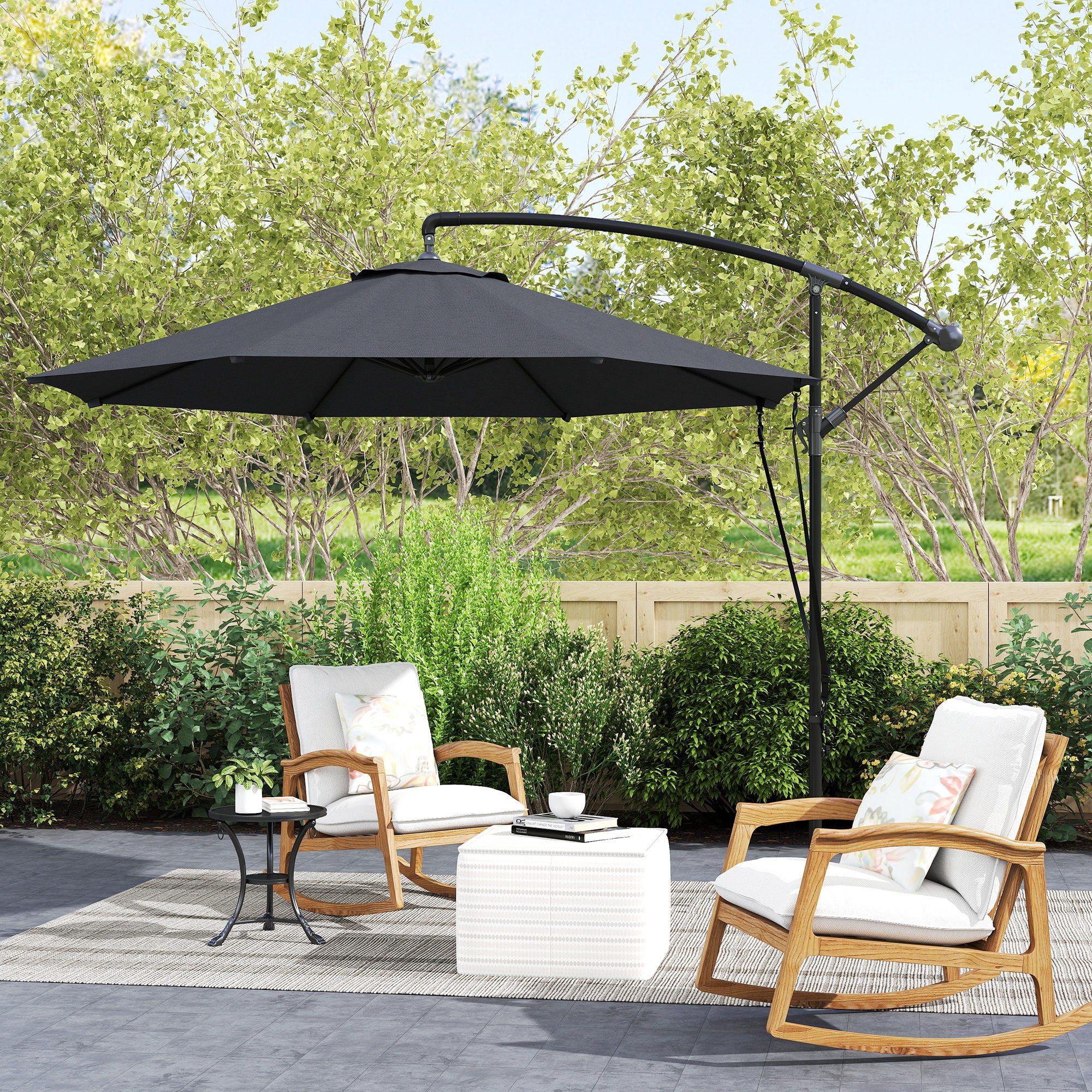 9.5' Cantilever Umbrella with Wind Protection Strap and Cover, Hanging Umbrella with Crank and Cross Base, UPF 50+, Grey