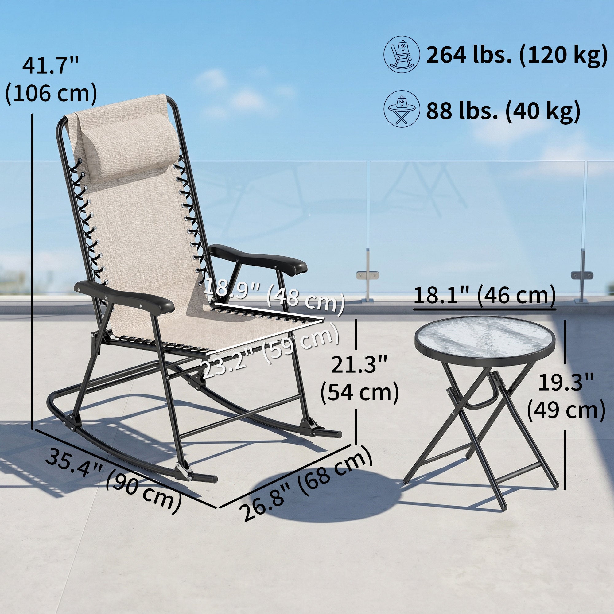 3pc Patio Rocking Chair Set, Folding Outdoor Rocking Chairs and Table Bistro Set w/ Breathable Mesh Seat & Backrest, Headrest for Park, Backyard, Garden, Cream White