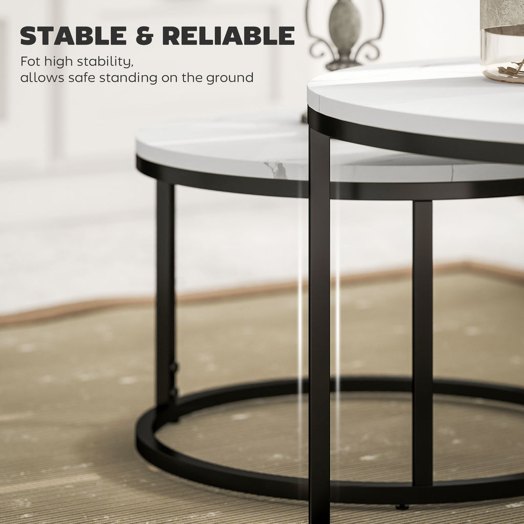 Modern Coffee Table Set of 2, Nesting Side Tables w/ Metal Base for Living Room Bedroom Office Faux Marbled White