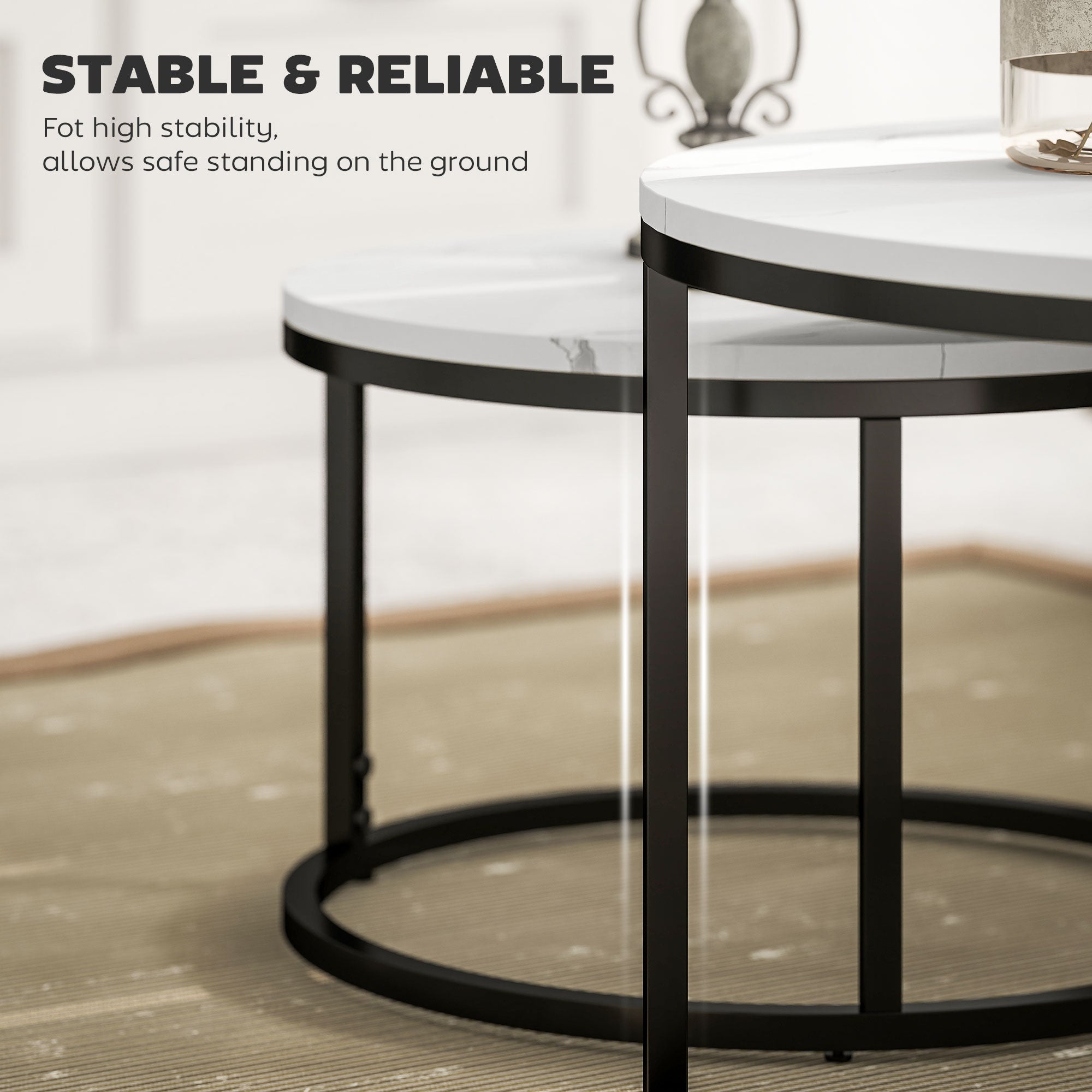 Modern Coffee Table Set of 2, Nesting Side Tables w/ Metal Base for Living Room Bedroom Office Faux Marbled White