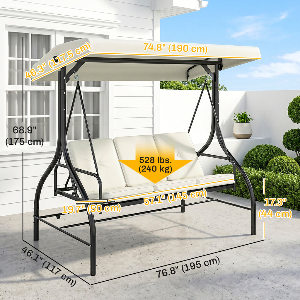 Convertible Patio Swing Bed with Canopy and Cushions, 3 Seater Porch Swing for Outdoor, Backyard, Garden, Cream White
