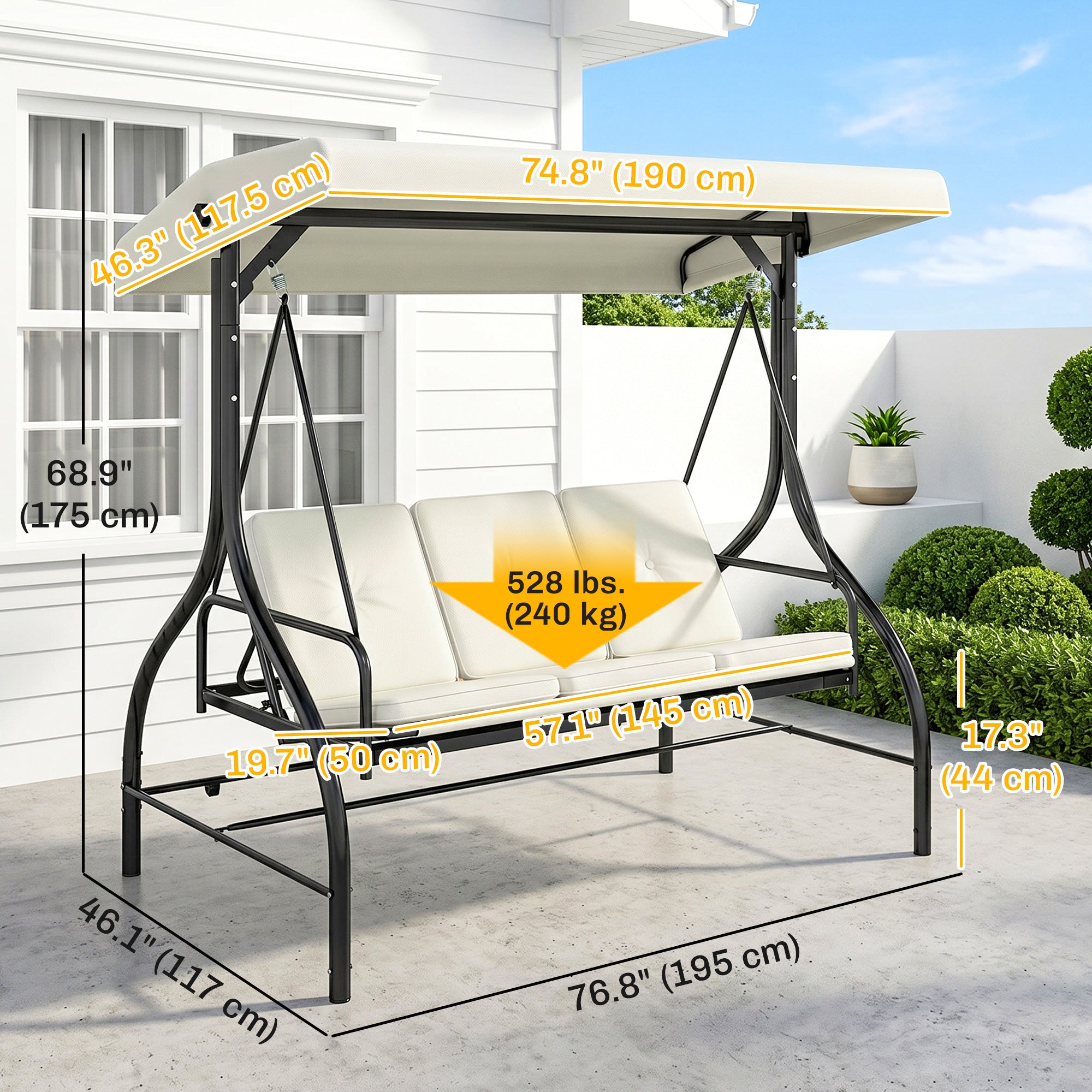 Convertible Patio Swing Bed with Canopy and Cushions, 3 Seater Porch Swing for Outdoor, Backyard, Garden, Cream White