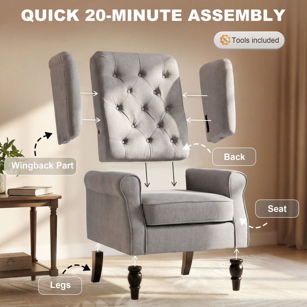 Fabric Accent Chair, Button Tufted Armchair, Upholstered Modern Living Room Chair, Wingback Chair with Wood Legs, Rolled Arms, Thick Padding for Bedroom, Grey