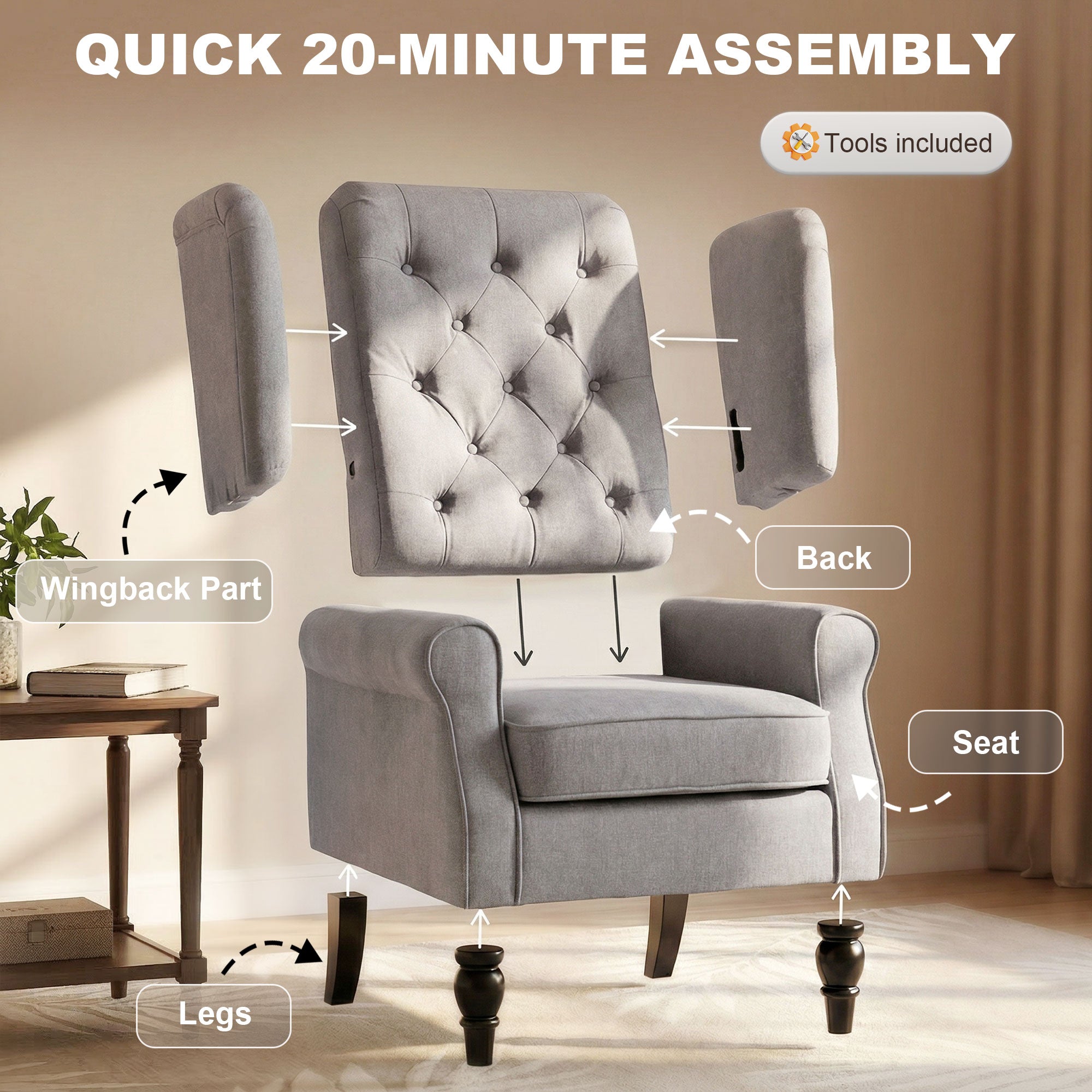 Fabric Accent Chair, Button Tufted Armchair, Upholstered Modern Living Room Chair, Wingback Chair with Wood Legs, Rolled Arms, Thick Padding for Bedroom, Grey