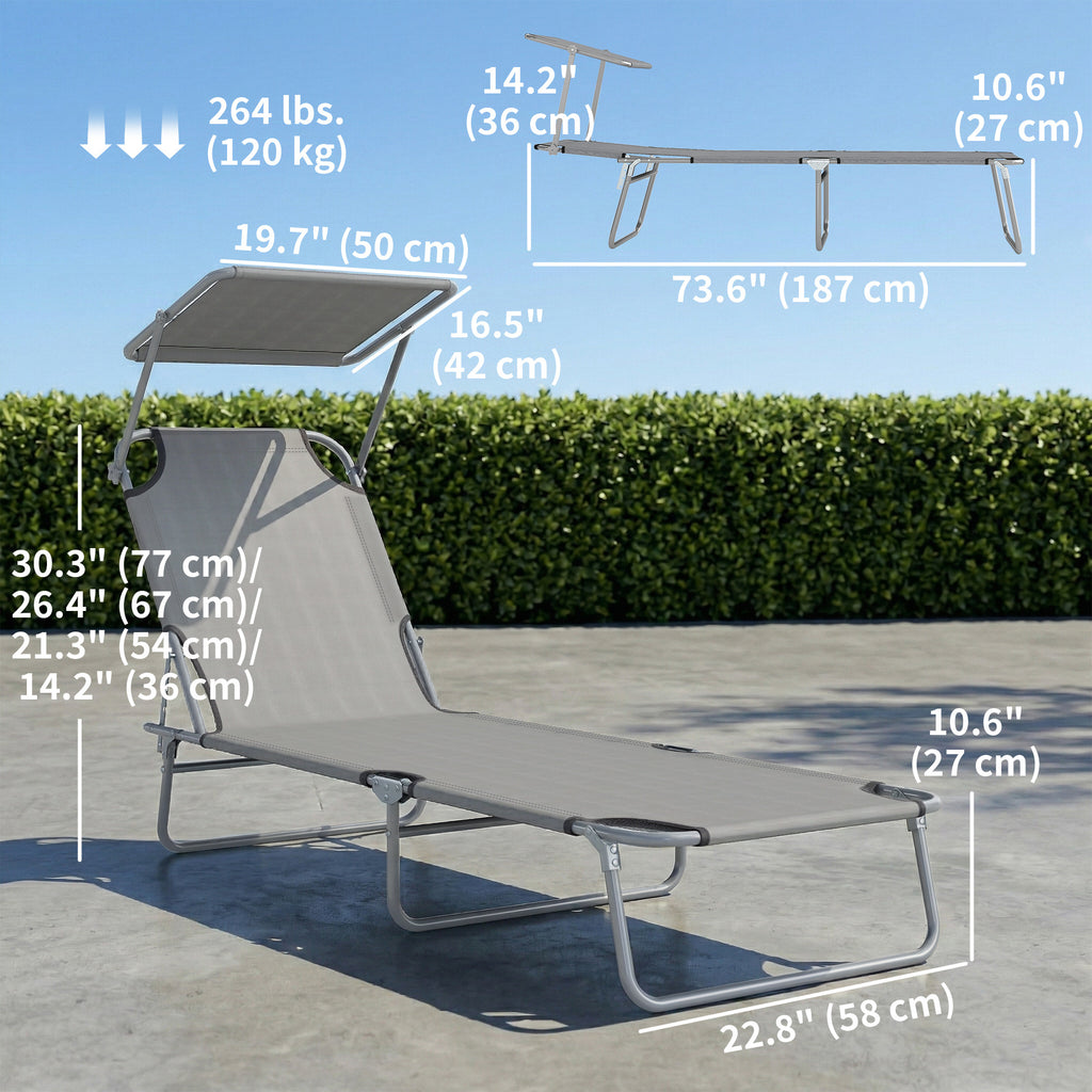 Outdoor Lounge Chair, Adjustable Folding Chaise Lounge, Tanning Chair with Sun Shade for Beach, Camping, Hiking, Backyard, Light Grey