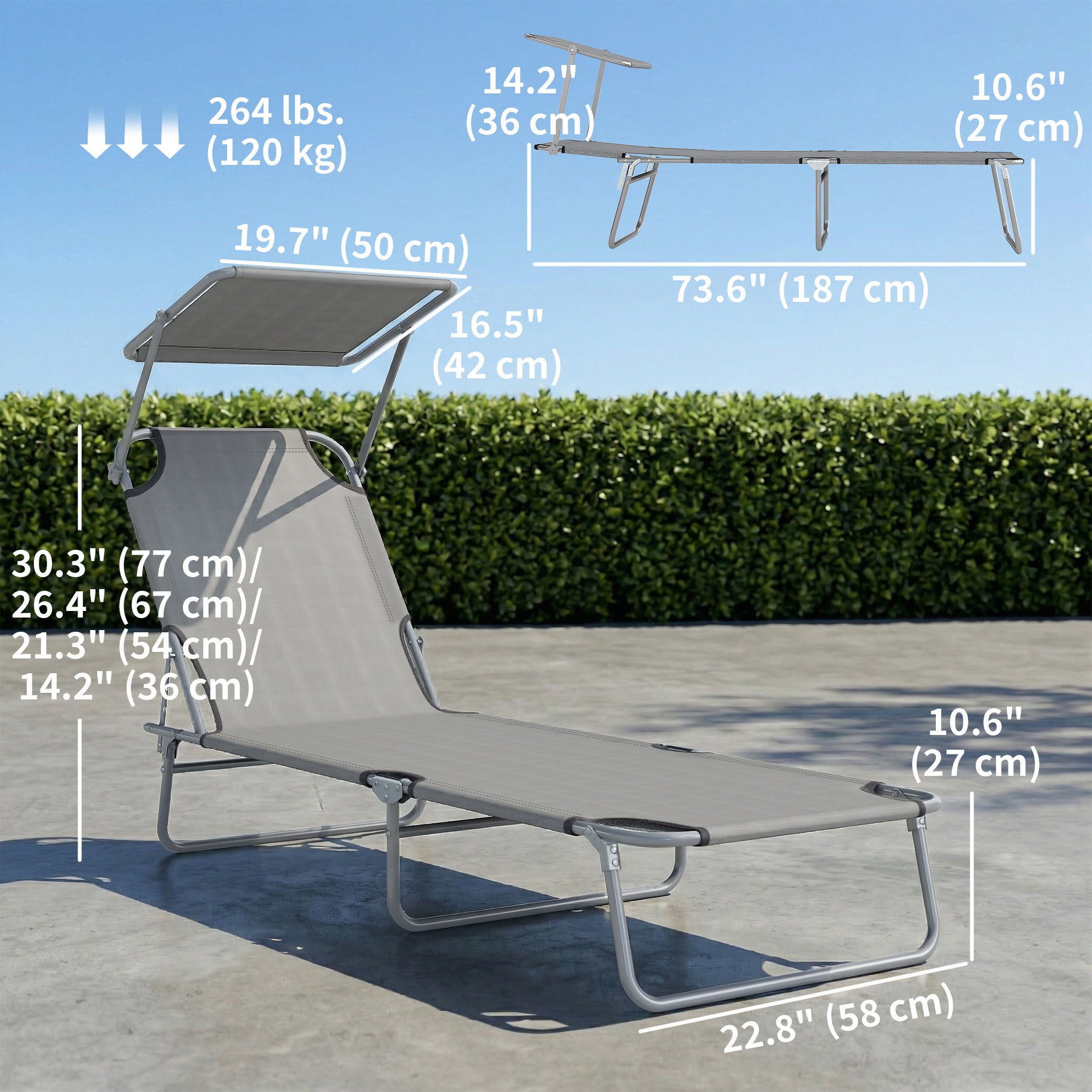 Outdoor Lounge Chair, Adjustable Folding Chaise Lounge, Tanning Chair with Sun Shade for Beach, Camping, Hiking, Backyard, Light Grey