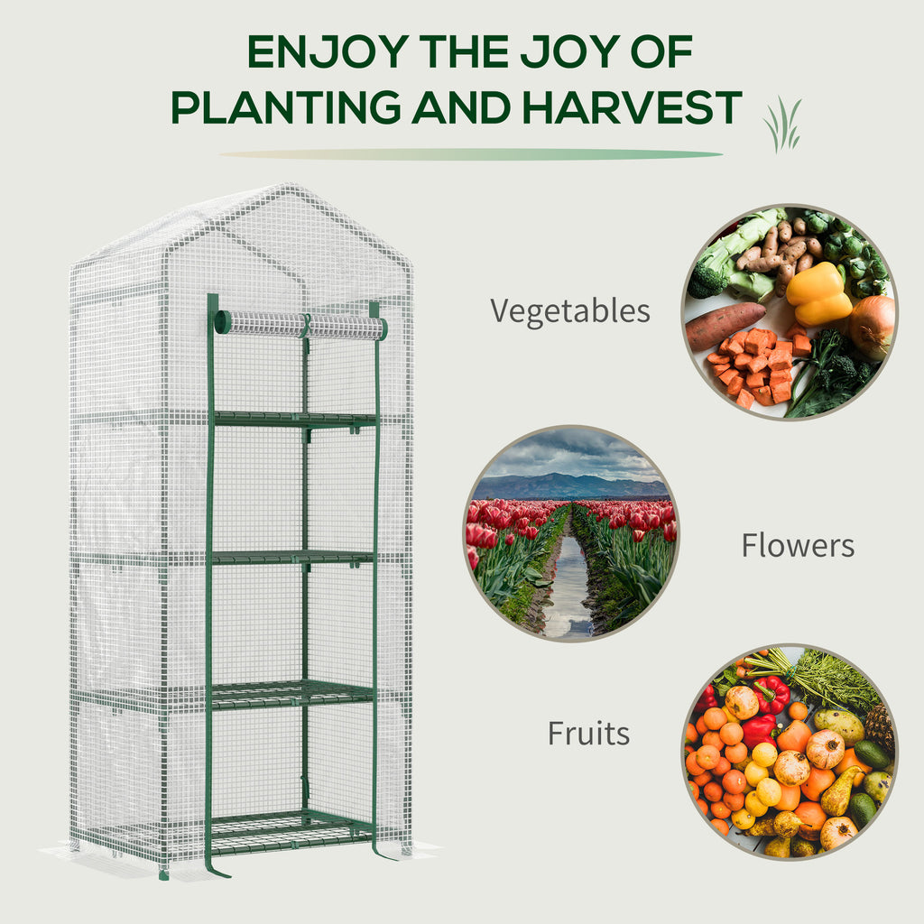 Portable Greenhouse Outdoor Hot House with 4 Tier Shelves, Steel Frame, PE Cover, 28" x 20" x 63" , White