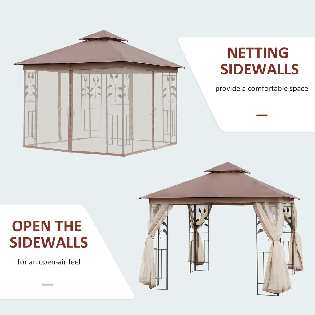 10'x10' Soft-top Steel Patio Gazebo Outdoor Sun Shelter with 2-Tier Polyester Roof, Curtain Sidewalls, Brown