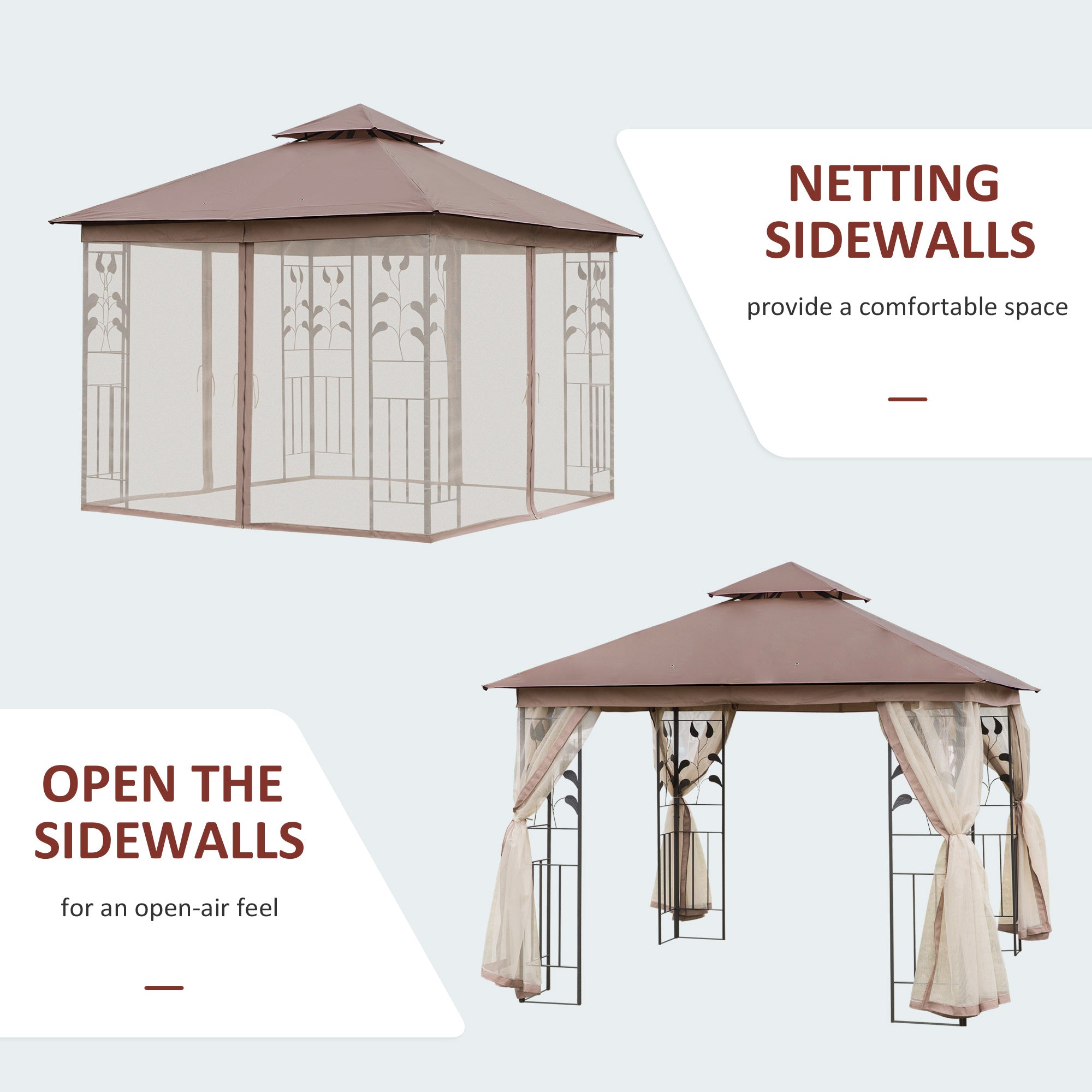 10'x10' Soft-top Steel Patio Gazebo Outdoor Sun Shelter with 2-Tier Polyester Roof, Curtain Sidewalls, Brown