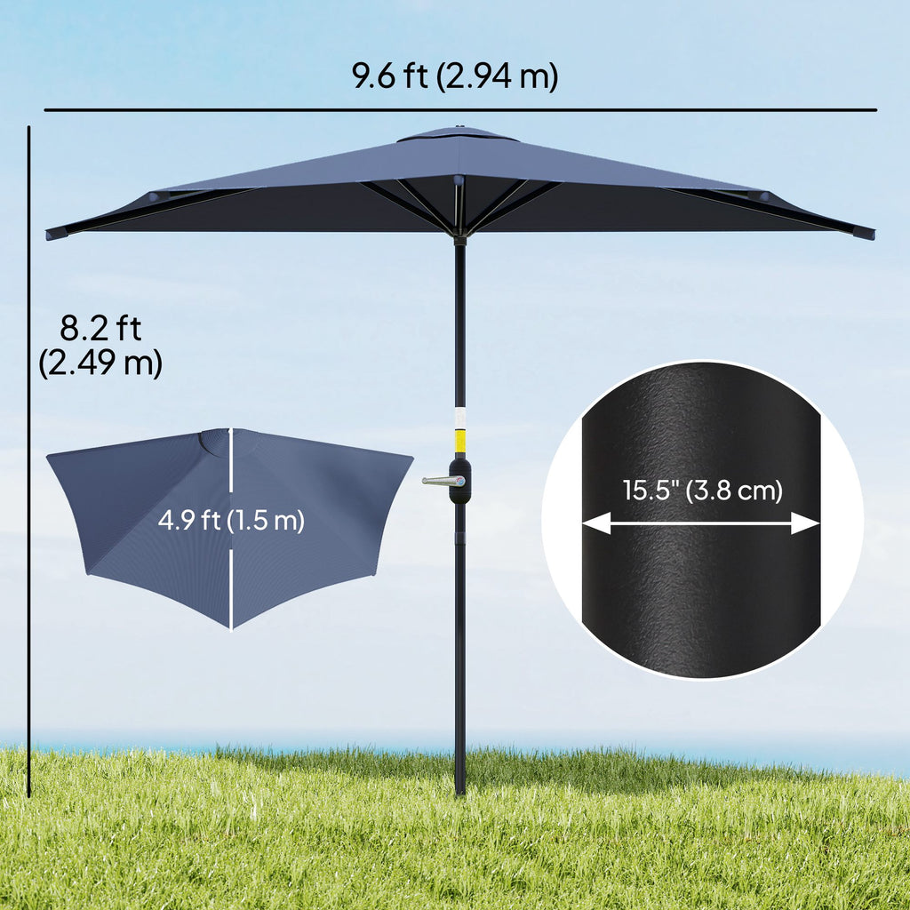 9.8ft Half Umbrella Semi Round Patio Parasol with Crank Handle, Top Vent for Garden, Balcony- NO BASE INCLUDED, Dark Blue
