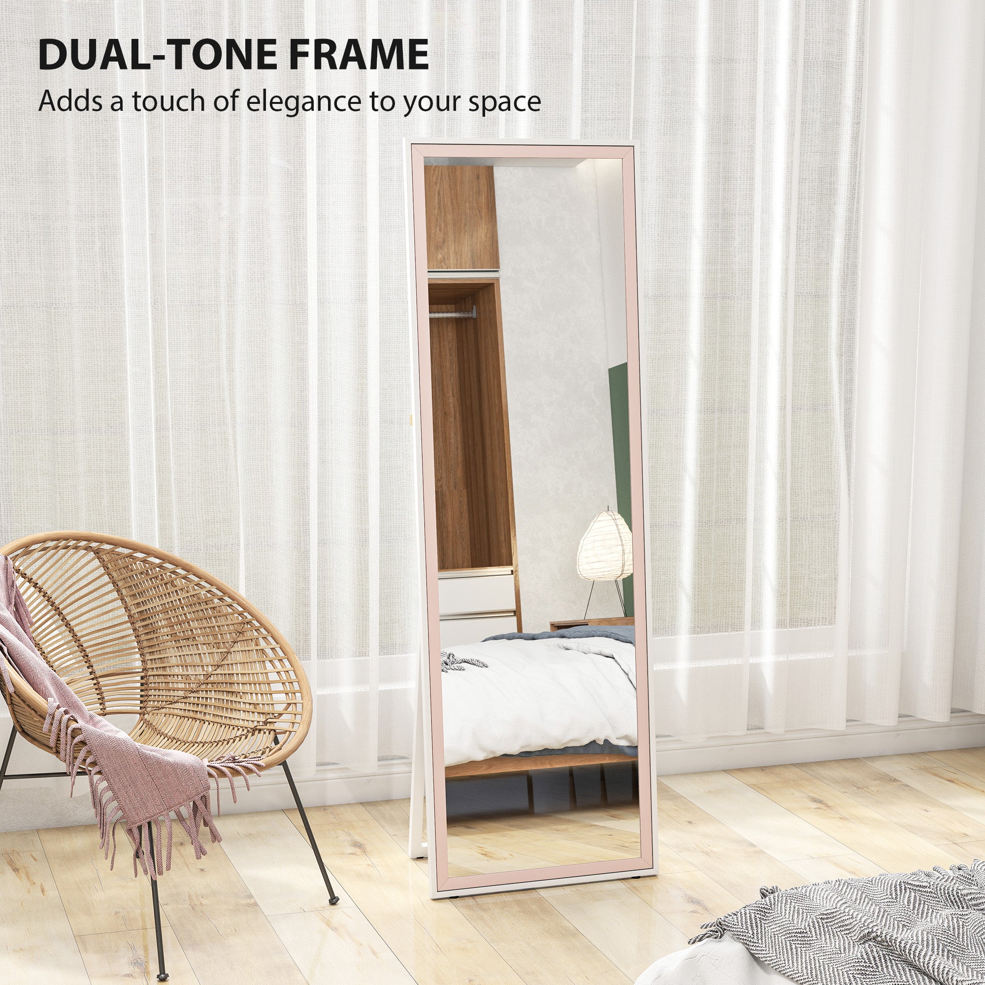 64" x 21" Full Length Mirror, Rectangular Full Body Mirror with Frame, Standing, Hanging or Leaning, White and Pink