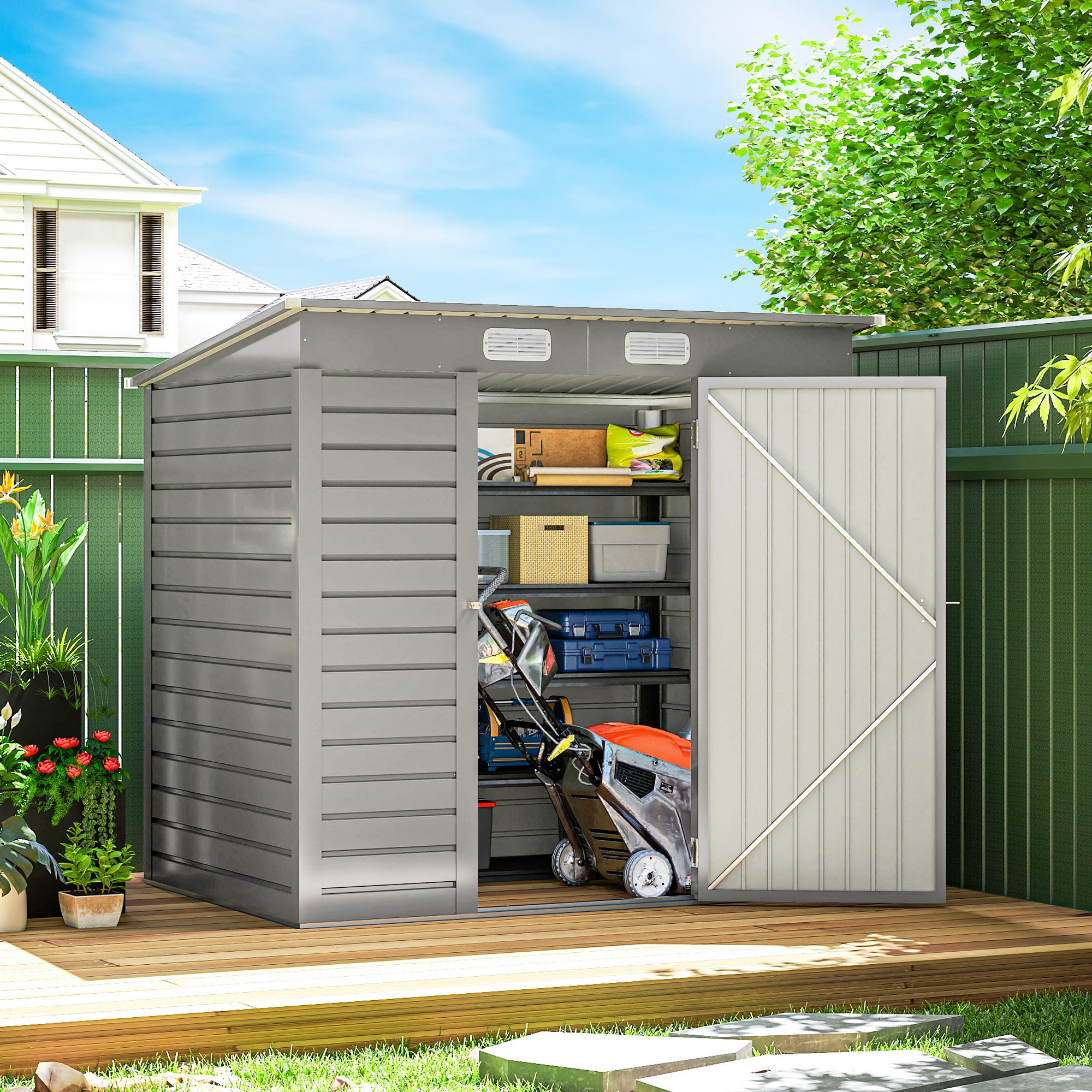 6 x 4FT Galvanized Garden Storage Shed, Metal Outdoor Shed with Double Doors and 2 Vents, Light Grey