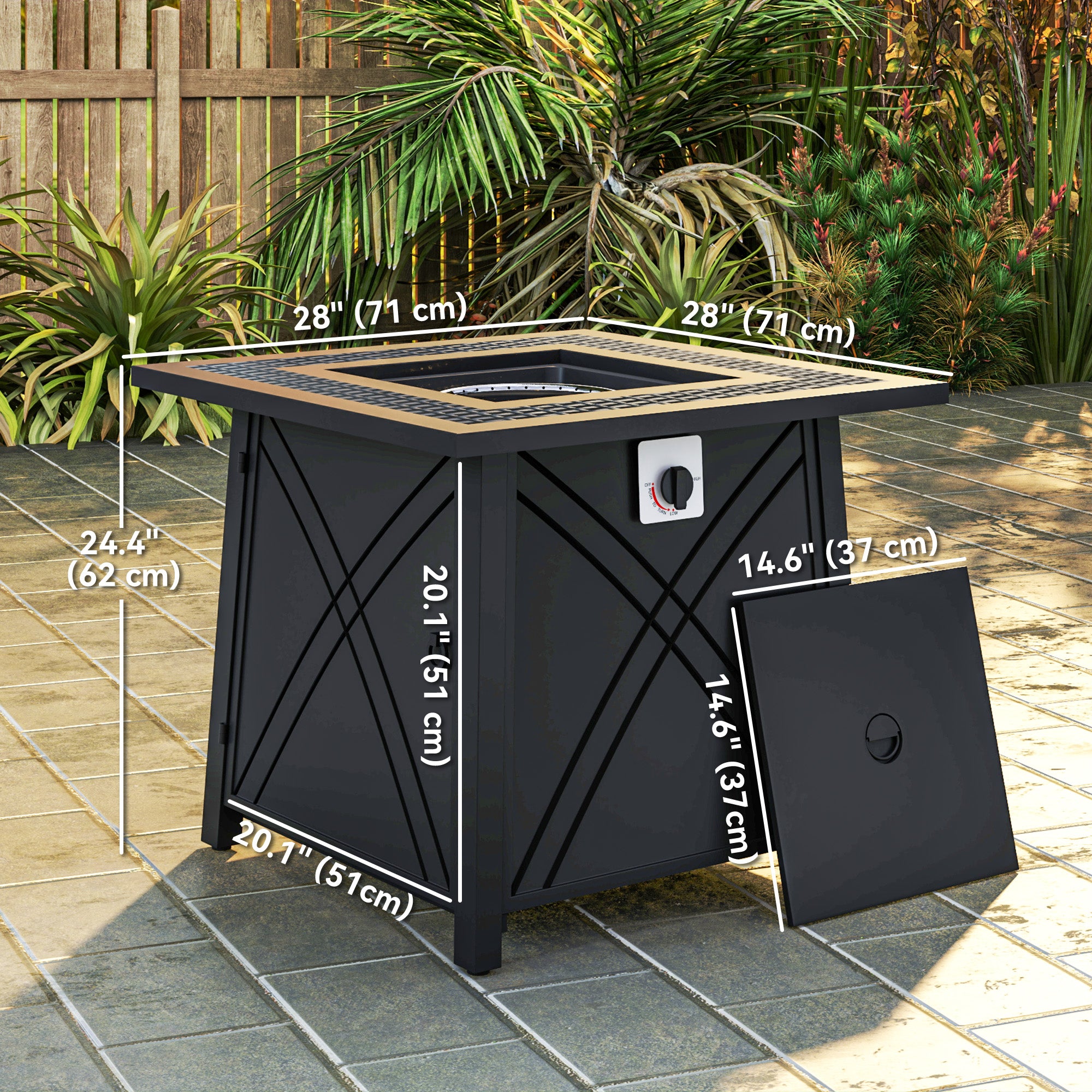 28" Propane Fire Pit Table 40,000 BTU Square Outdoor Gas Fire Table with Waterproof Cover, Adjustable Foot Pads