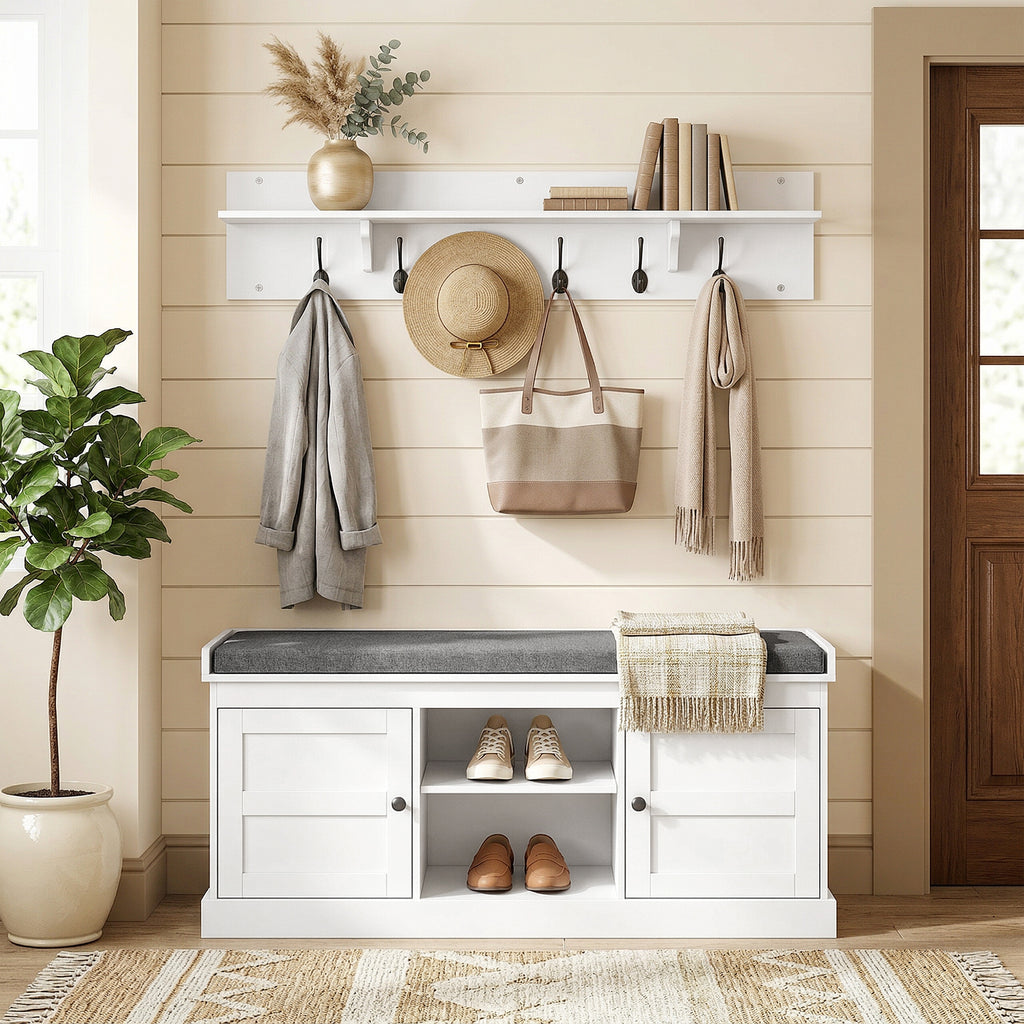 2 in 1 Coat Rack Shoe Bench Set with 6 Hooks and Shoe Storage Bench, White and Grey