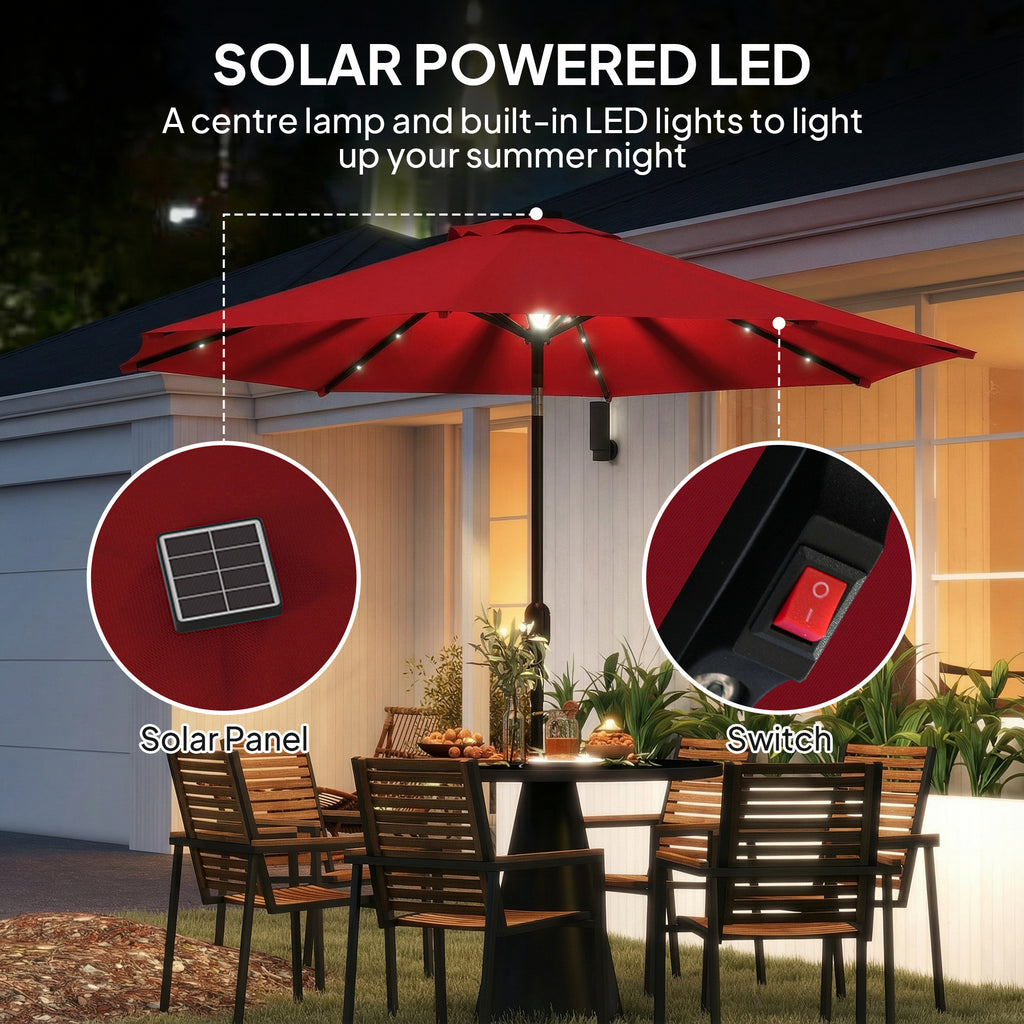 9ft Solar Patio Umbrella Outdoor Sunshade 24 LED Lights Tilt Canopy Wine Red