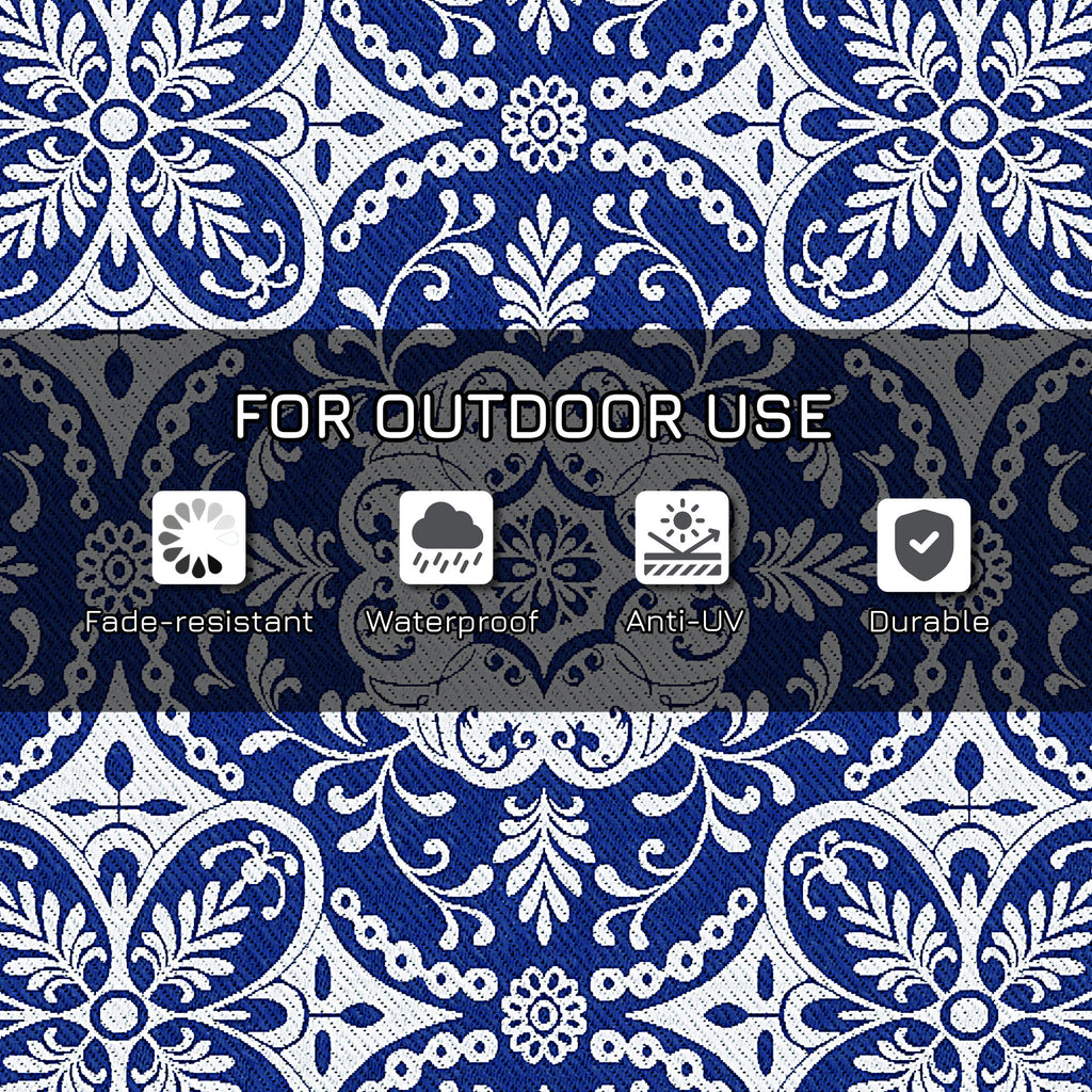 Portable Outdoor Rug with Carry Bag, 9' x 12' Reversible Mat, Waterproof Plastic Straw RV Rug for Backyard, Deck, Picnic, Beach, Camping, Blue & White Flower