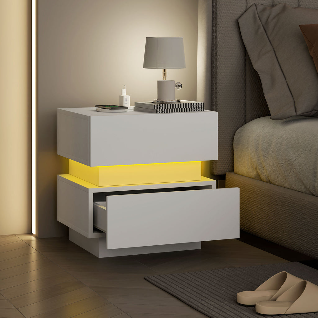 Bedside Table with Charging Station and LED Light Modern Nightstand with USB Ports AC Outlets Drawers Remote, White