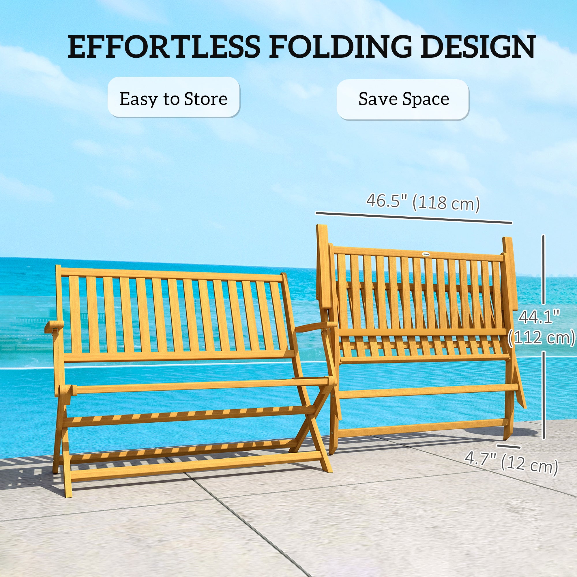 46.5" Foldable Wood Outdoor Bench with Backrest and Armrests for Outdoors, Patio, Porch, Park, Teak
