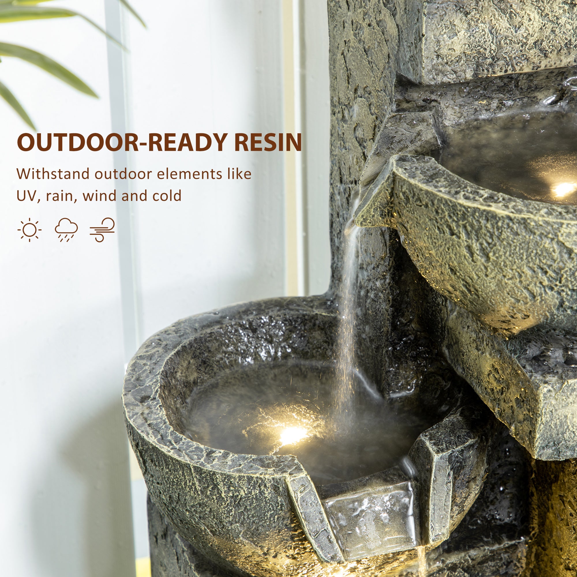 Outdoor Fountain Cascading Waterfall with 4-Tier Stone Look Bowls, Adjustable Flow & LED Lights for Patio Garden